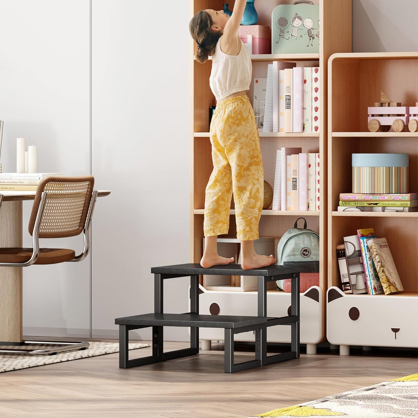 Homeiju 3 in 1 Step Stools for Adults Kids Toddler, Heavy Duty Wooden Step Stool with Non-Slip Pads, 2 Tire Step Stool for Kitchen Bathroom Bedroon Stepping Stool, Black