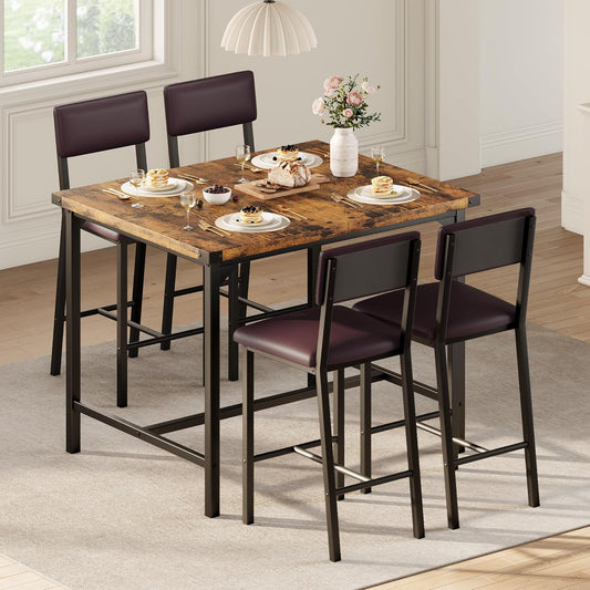 IDEALHOUSE Dining Table Set for 4 w/Counter Height Table & 4 Upholstered Bar Stools, 5-Piece Kitchen Table Set with Footrest & Corner Protector, for Kitchen Room, Apartment, Pub