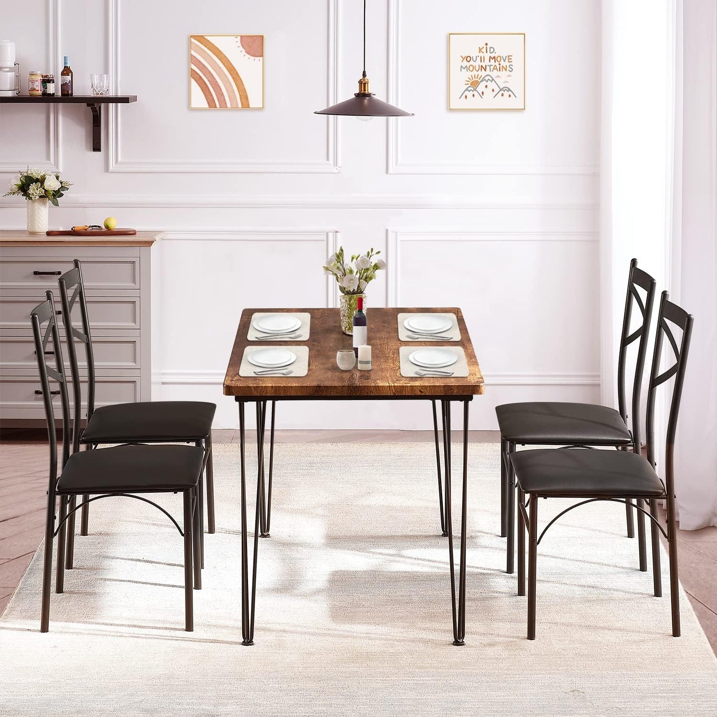 VECELO 5-Piece Dining Table Set for Home Kitchen Small Space Breakfast Nook, 4 Faux Leather Metal Frame Chairs, Retro Brown