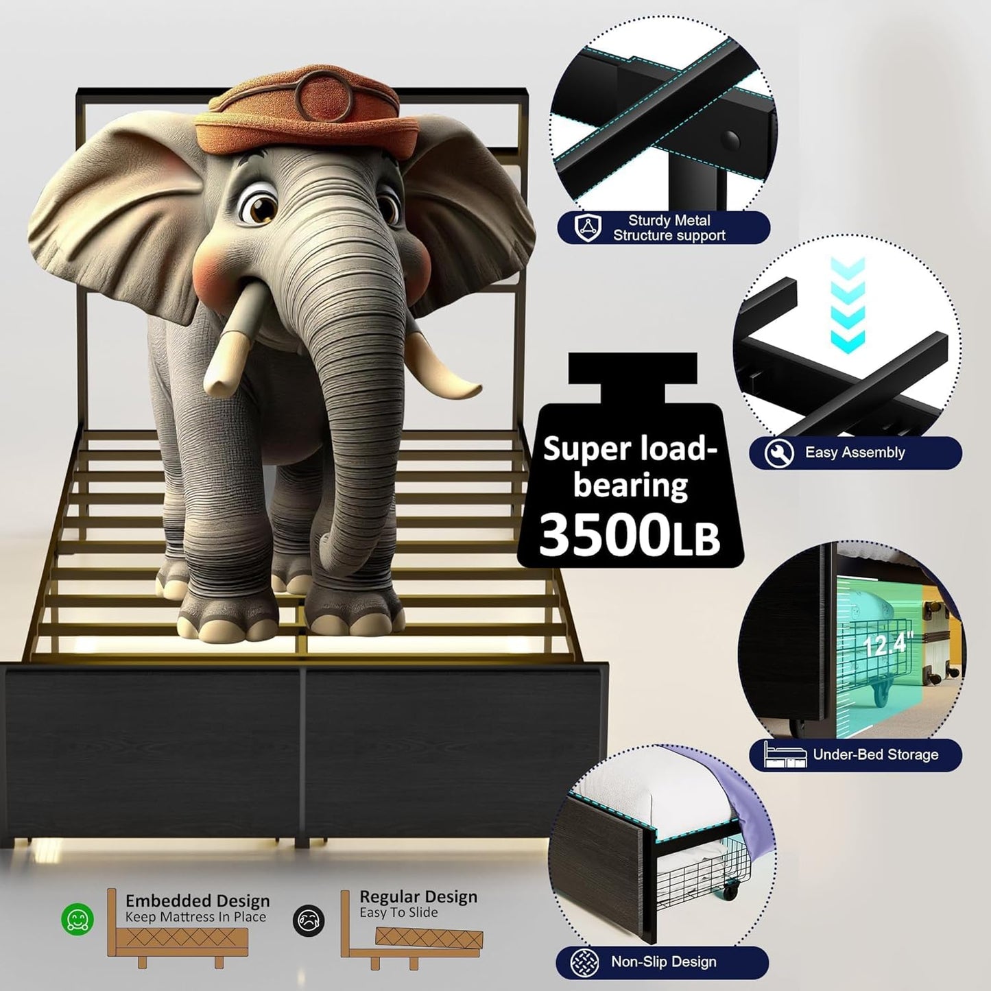 Queen Bed Frame with Storage Headboard, Metal Platform Bed Frame with LED Lights & Charging Station, Storage Drawers, Heavy Duty Metal Slats, No Box Spring Needed, Noise Free, Easy Assembly