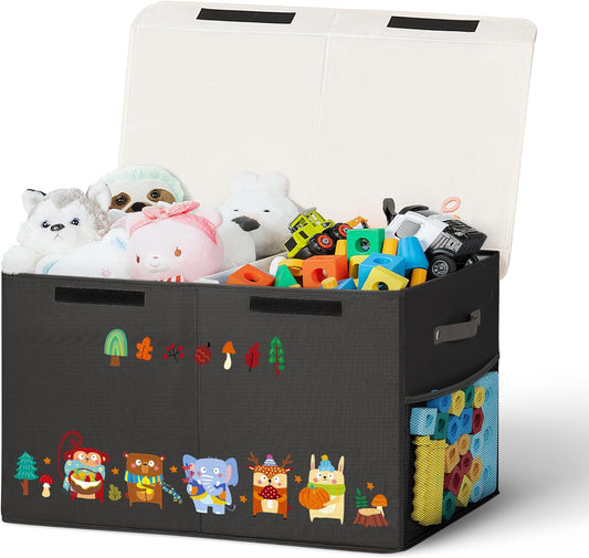 80L Large Toy Storage Box with Lid, Large Toy Box Chest for Kids, Girls and Boys, Nursery Room and Living Room, 26"x13" x16" (black-animal)