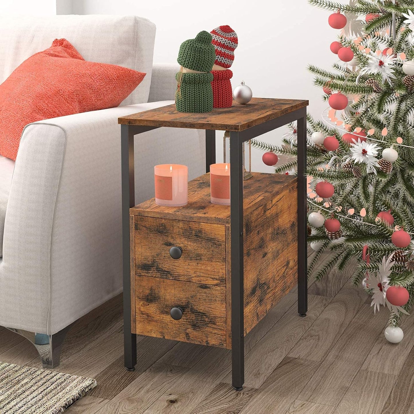 HOOBRO End Table, Narrow Chairside Table with Drawer and Open Storage Shelf, Nightstand for Small Spaces, Stable and Sturdy Construction, Wood Look Accent Furniture, Rustic Brown and Black BF548BZ01G2