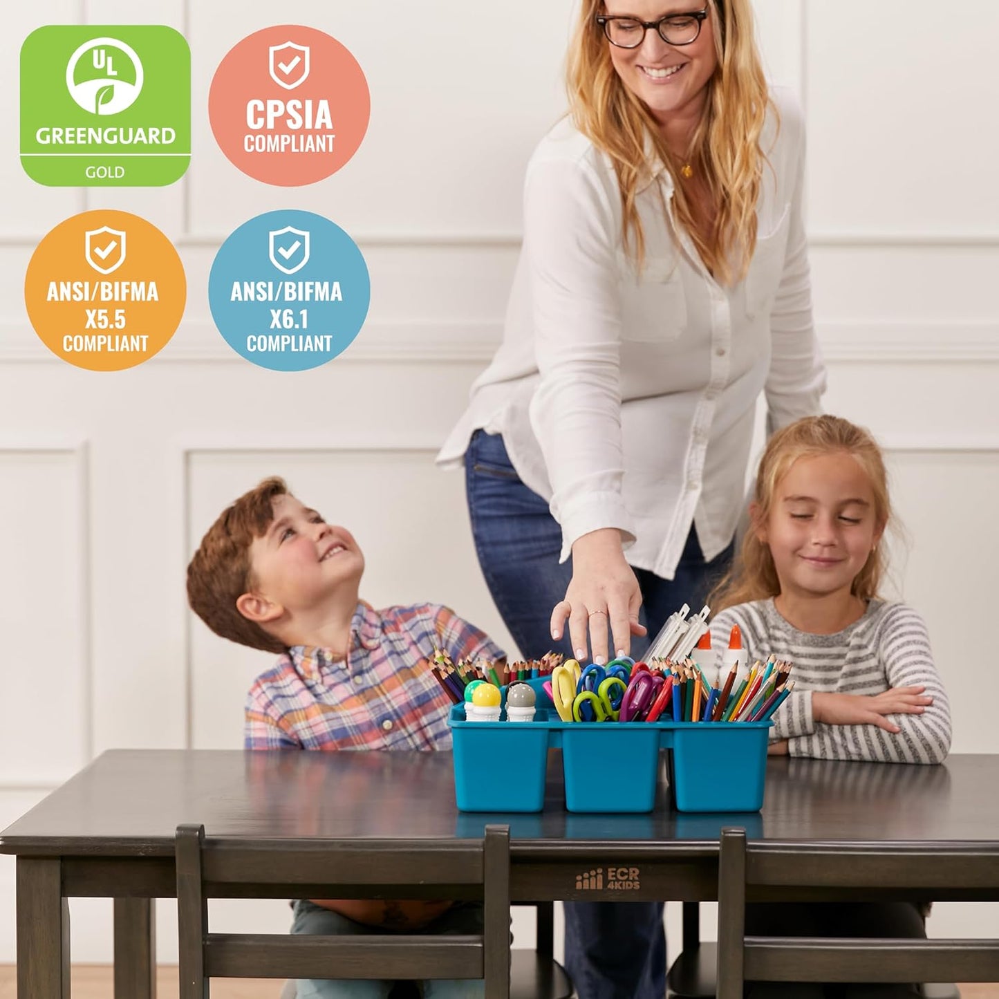 ECR4Kids 24in x 48in Rectangular Hardwood Table and Chair Set, 12in Seat Height, Kids Furniture, Grey Wash