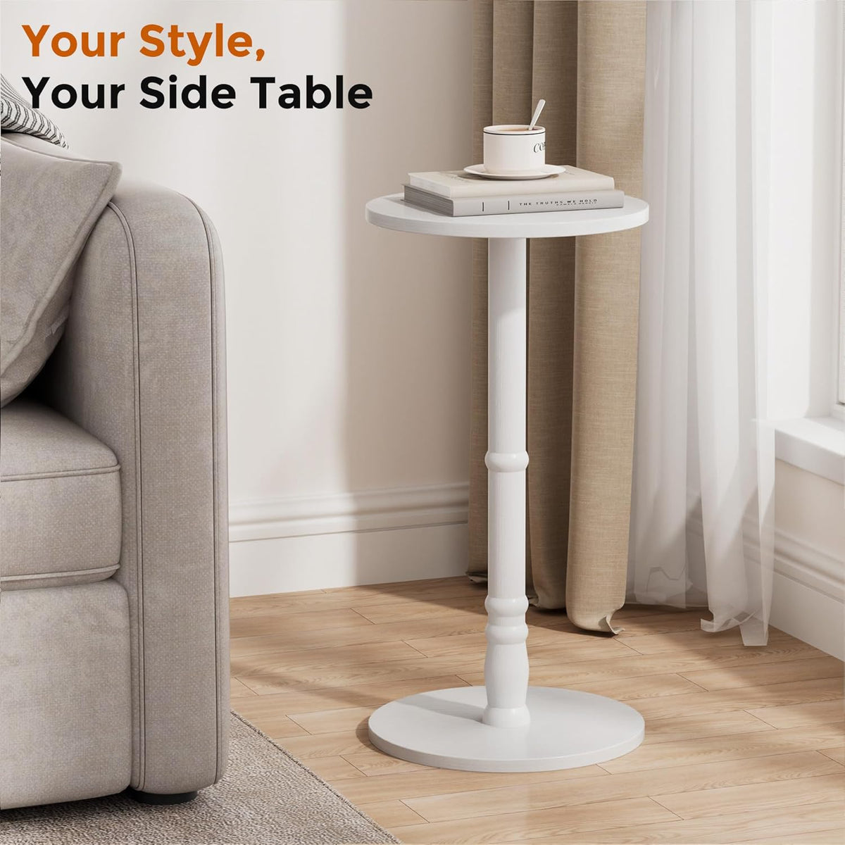 Round Side Table, Solid Wood Pillar with Wood Top & Base, Small Drink Accent Table for Living Room, Bedroom, Sofa & Office, Easy Assembly, White