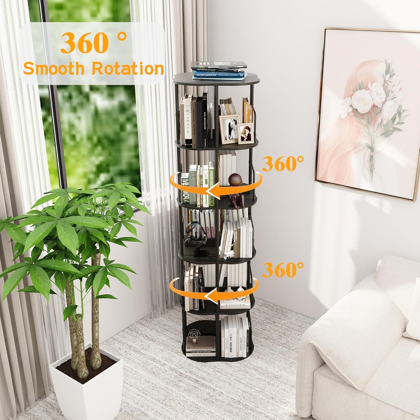 4-Tier Rotating Bookshelf, 360 ° Display Stackable Spinning Bookshelf Tower, Narrow Space Saving Tall Floor Standing Swivel Bookcase Corner Organizer for Bedroom, Living Room, Black