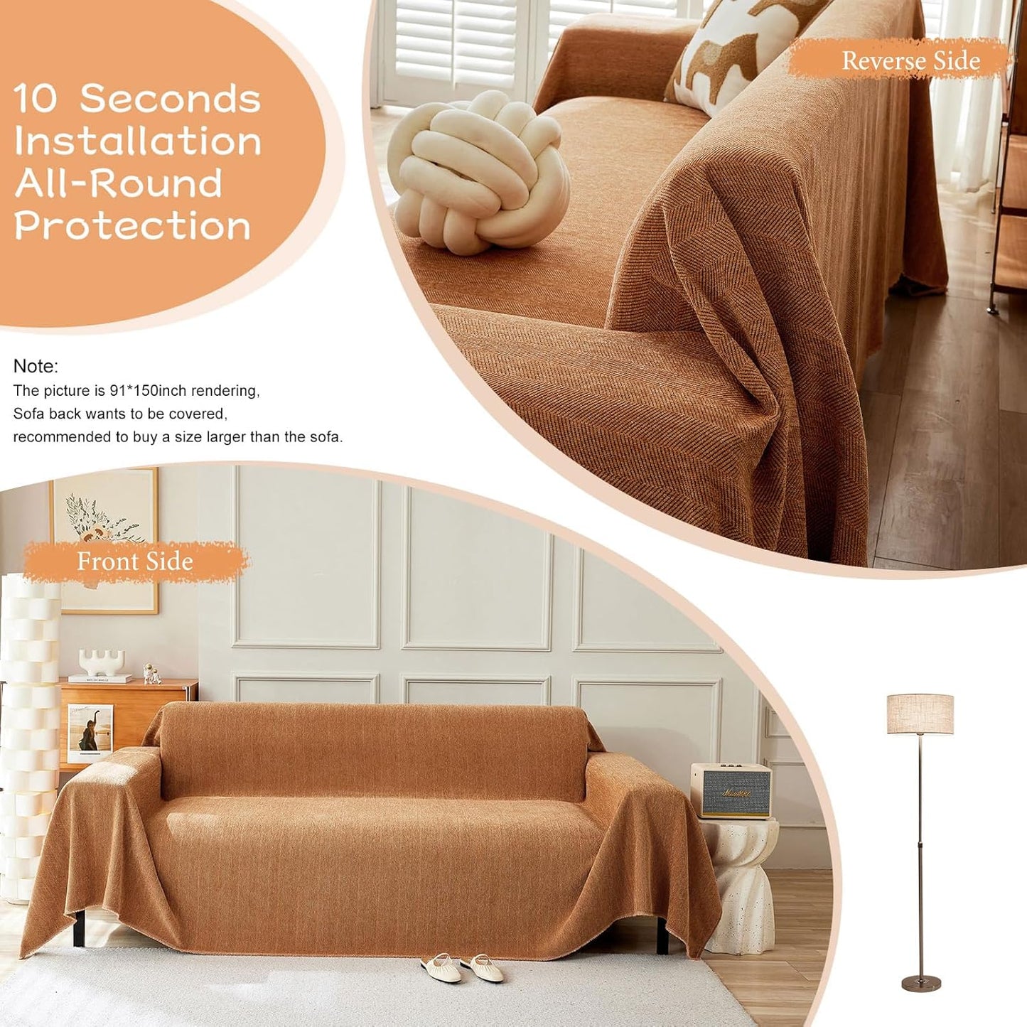 STACYPIK Soft Chenille Orange Sofa Covers, Herringbone Jacquard Pet Protector for 3 Cushion Couch, Loveseat Couch Cover for Sectional, Pumpkin Non-Slip Sofa Slipcover, Multi-Use Throw Blanket-71X134IN