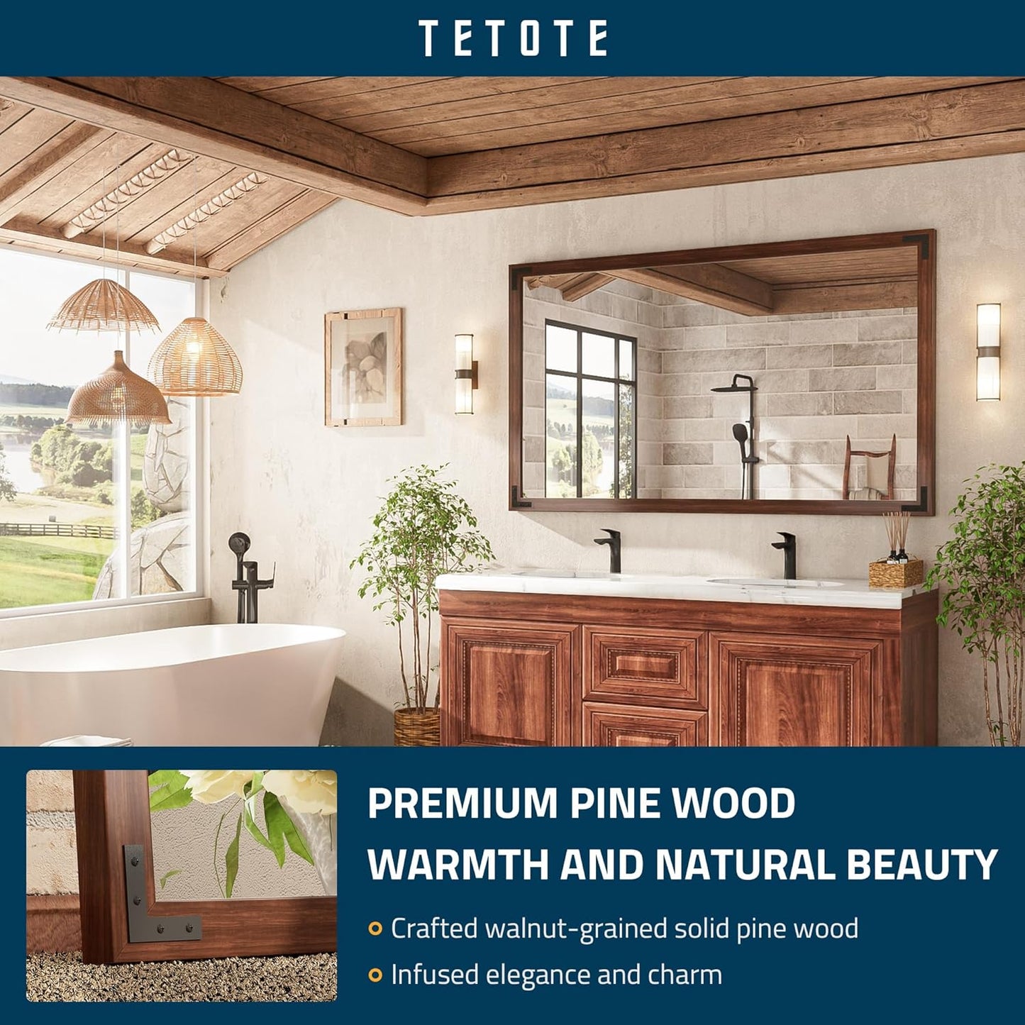 TETOTE 60 x 36 Rustic Bathroom Mirror Wood Frame, Waterproof Walnut Brown Farmhouse Wooden Framed Rectangle Bathroom Vanity Mirror for Modern Boho Decor, Horizontal/Vertical, Easy to Install
