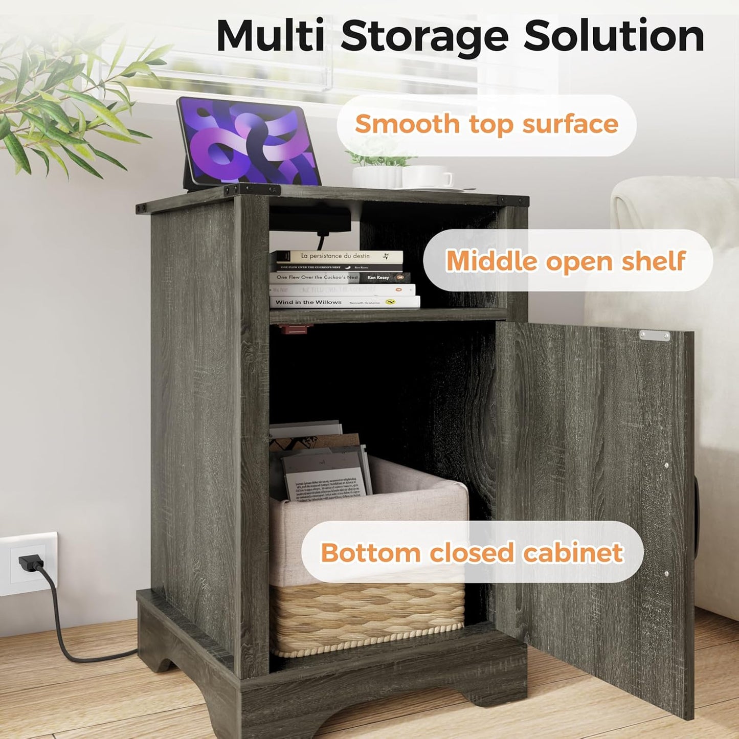 RoyalCraft Nightstand Set of 2, Grey End Table with Charging Station, Tall Farmhouse Bedside Table with Large Storage and Shelf, Wooden Side Table with for Bedroom, Home Office, Dark Grey