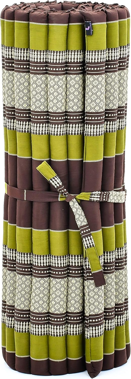 Leewadee - Kapok Roll Mat – Handcrafted Folding Sleep & Relaxation Mattress from Thailand, Ideal as Guest Bed, Camping Mat, Yoga Mat or Traditional Futon, 75 x 39 inches, Brown Green