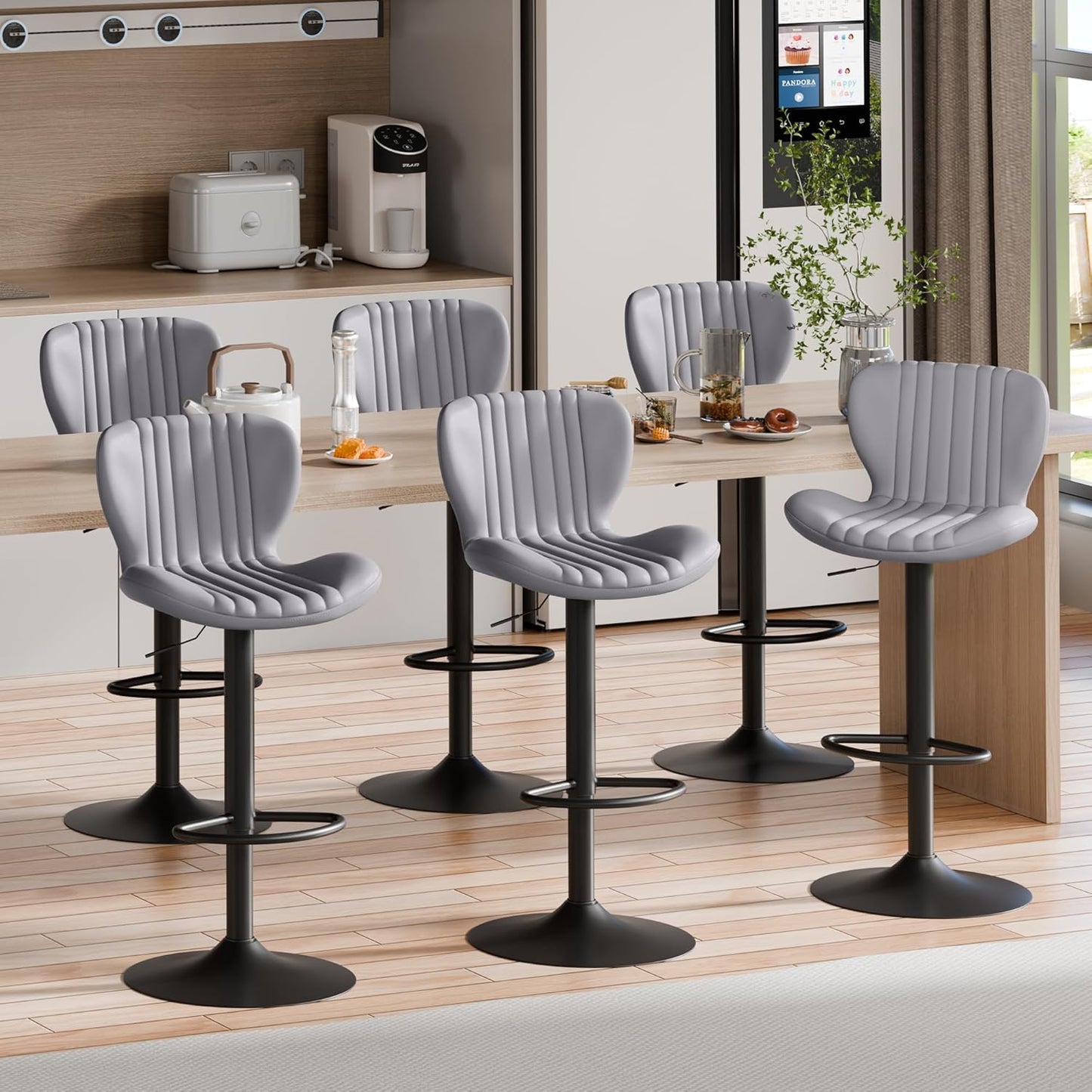 Shintenchi Bar Stools Set of 6 Modern Swivel Bar Chairs, Counter Height Faux Leather Metal Barstools, Upholstered Island Chairs with Back and Footrest, Gray
