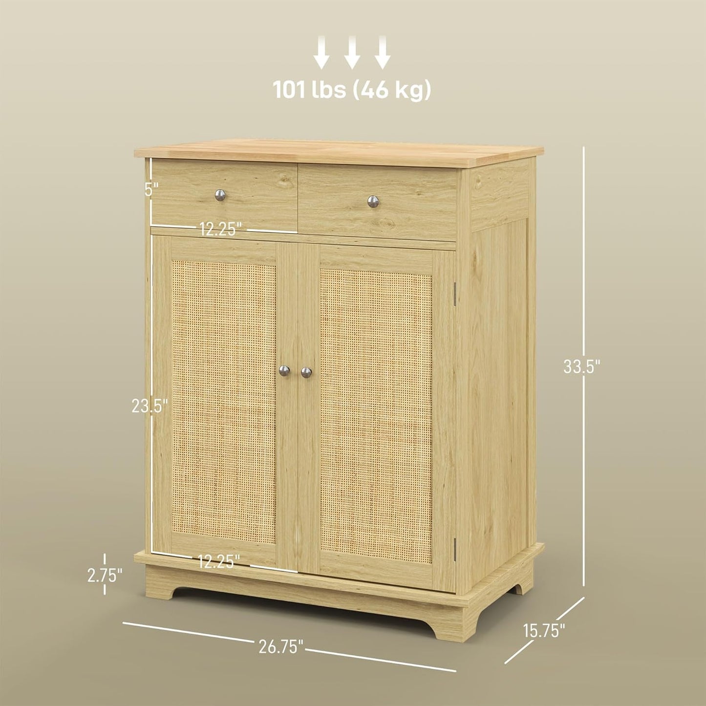 HOMCOM Sideboard with Solid Wood Countertop, Modern Kitchen Storage Cabinet, Coffee Bar Cabinet with 2 Drawers, Doors and Adjustable Shelf, Natural Rattan