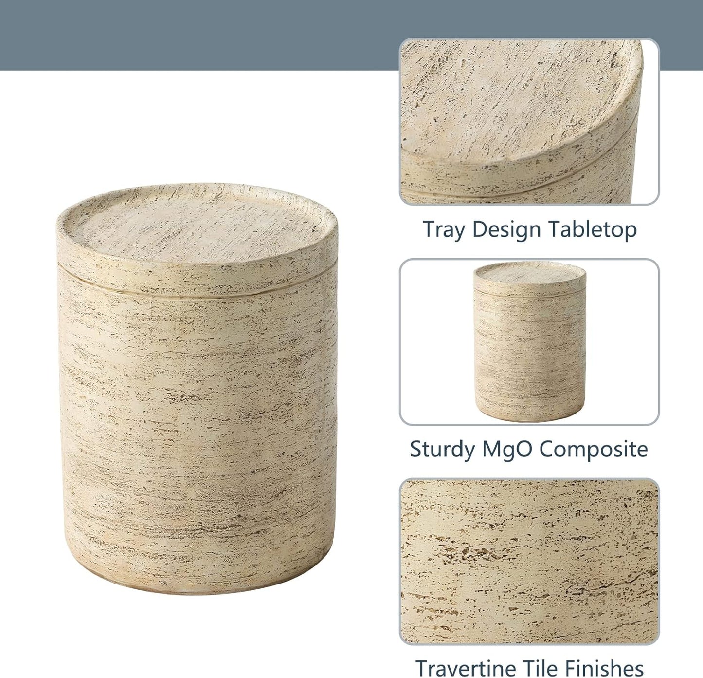 COSIEST Outdoor Side Table, Cylinder Shaped MgO Patio End Table, Lightweight Accent Table with Tray Top, Round Plant Stand Tool for Garden and Deck, Beige