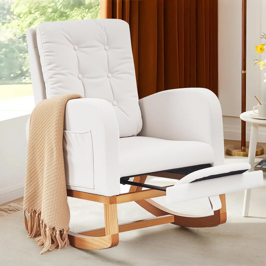 VECELO Rocking Chair Nursery, Modern Sherpa Glider Rocker Accent Arm Chair with High Back and Side Pocket, Cozy Rocking Armchair for LivingRoom, Bedroom, White