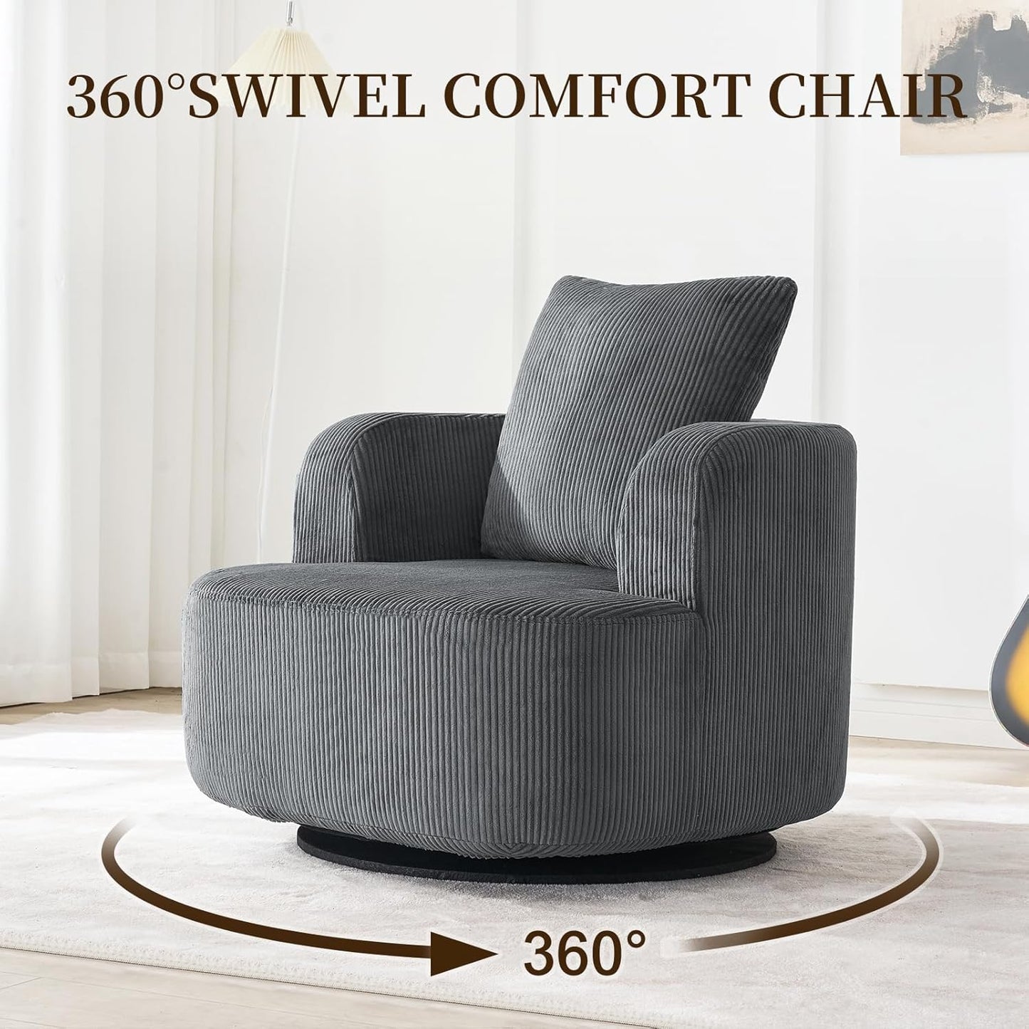 Furnimart 360° Swivel Barrel Accent Chair Set of 2, Round Upholstered Comfy Lounge Chair, Corduroy High-Resilienc Foam Single Sofa, No Assembly Wide Seat for Living Room, Bedroom, Apartment (Gray)