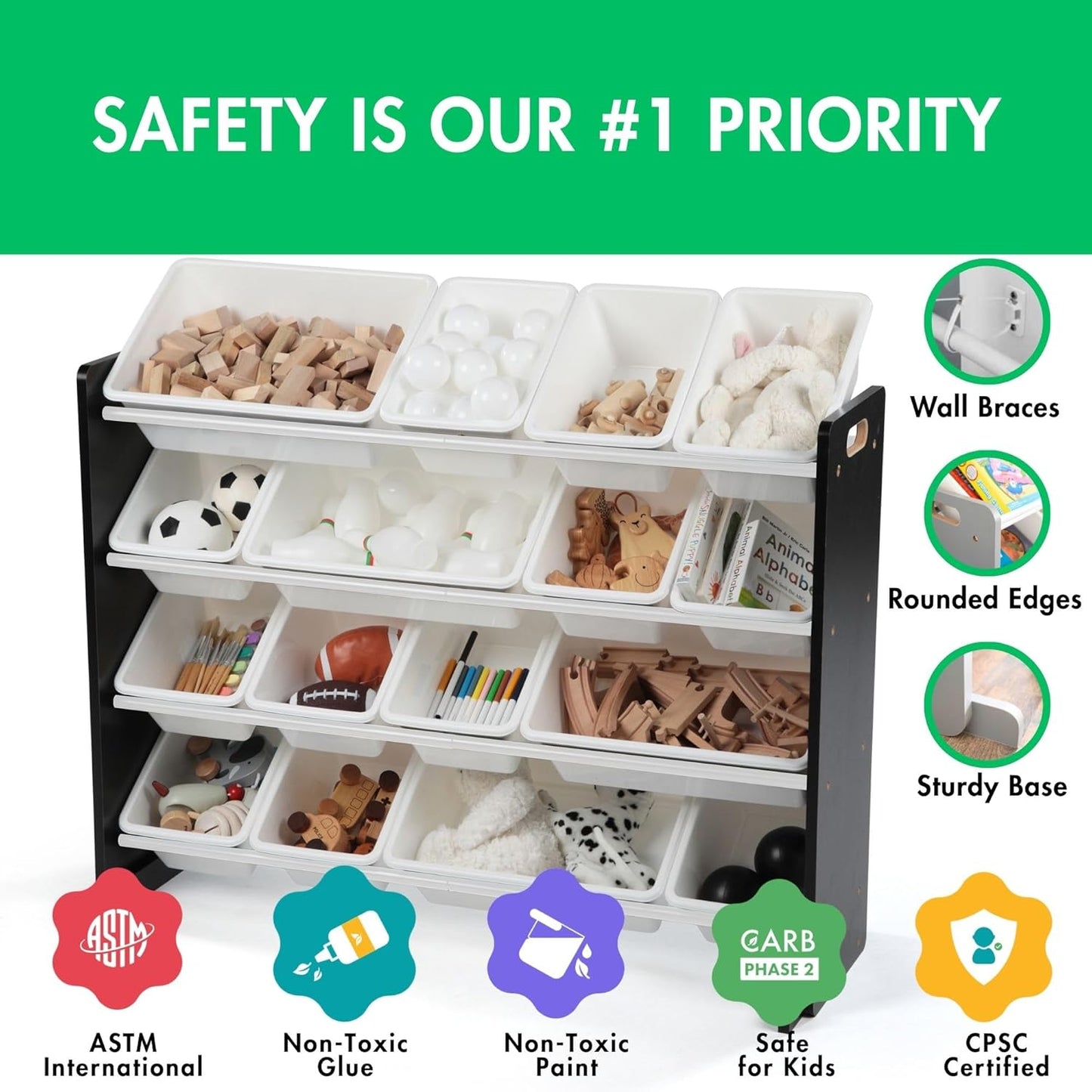 Humble Crew Supersized Toy Storage Organizer with 16 Removable Bins, Espresso/White – Large Toy Storage for Toddlers Ideal for Kids' Rooms, Playrooms, and Nurseries - Modern Toy Bins for Kids