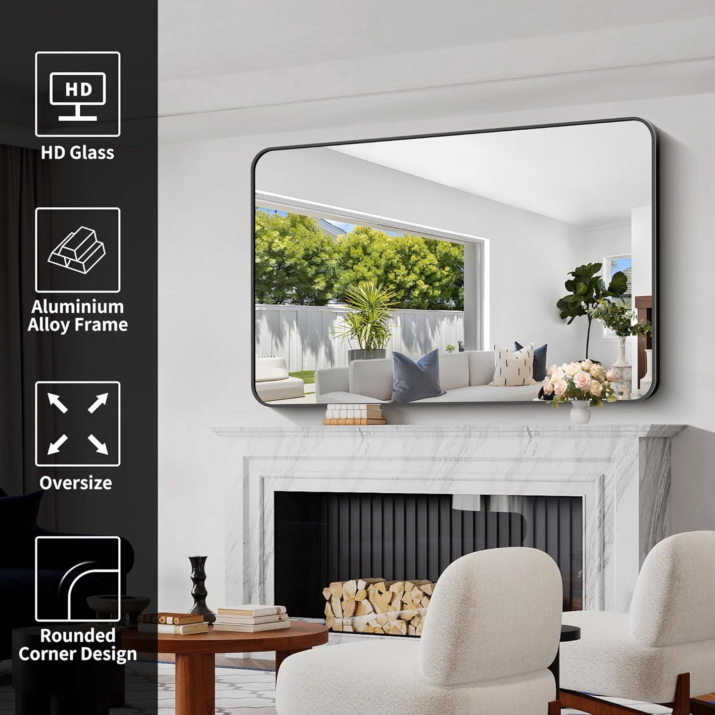 Bathroom Mirror, 55x36 inch Black Rectangle Wall Mirror, Metal Frame Rounded Corner Vanity Mirror, Large Wall Mounted Mirrors for Over Sink Bedroom Living Room Horizontal Or Vertical Mounting
