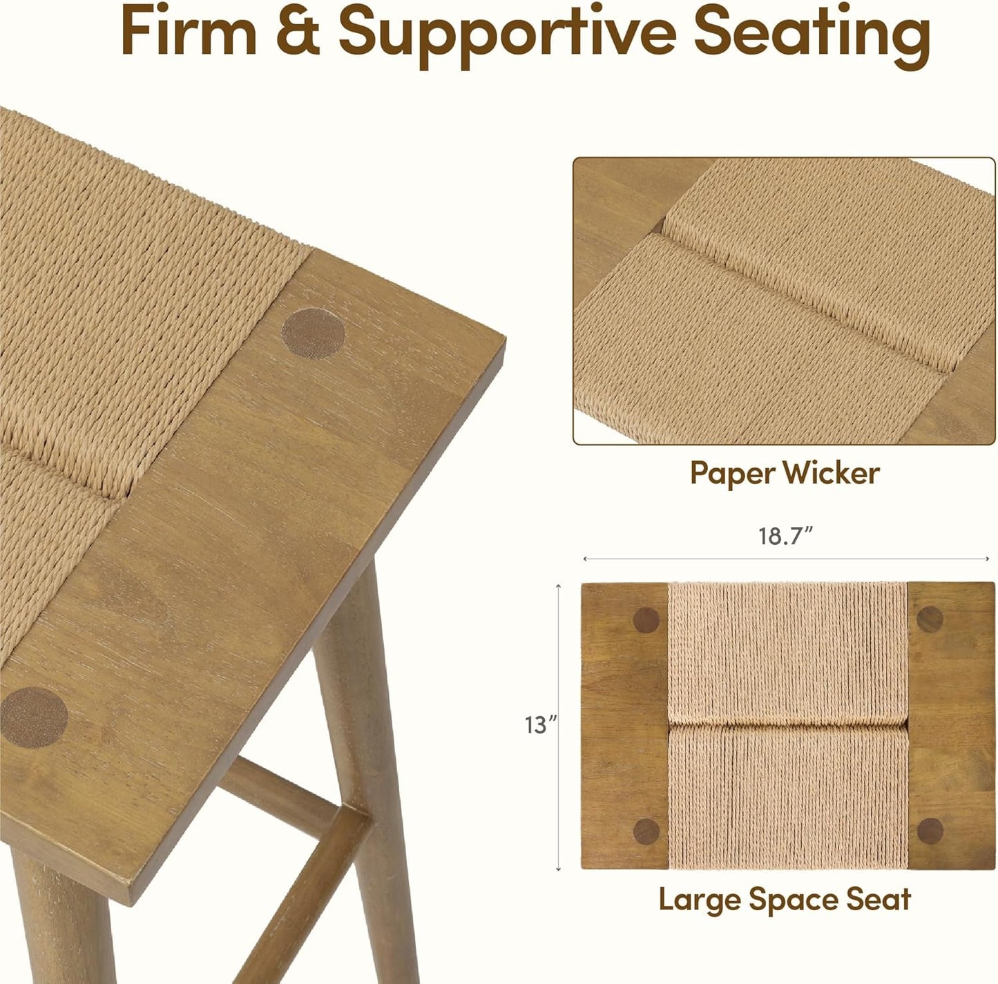 Thor Wicker Counter Height Wooden Counter Stool with Hand-Knitted Rope, K/D, Backless Island 24" Wicker Stool for Kitchen, Solid Wood, Eco-Friendly, Modern Design (Light Brown)