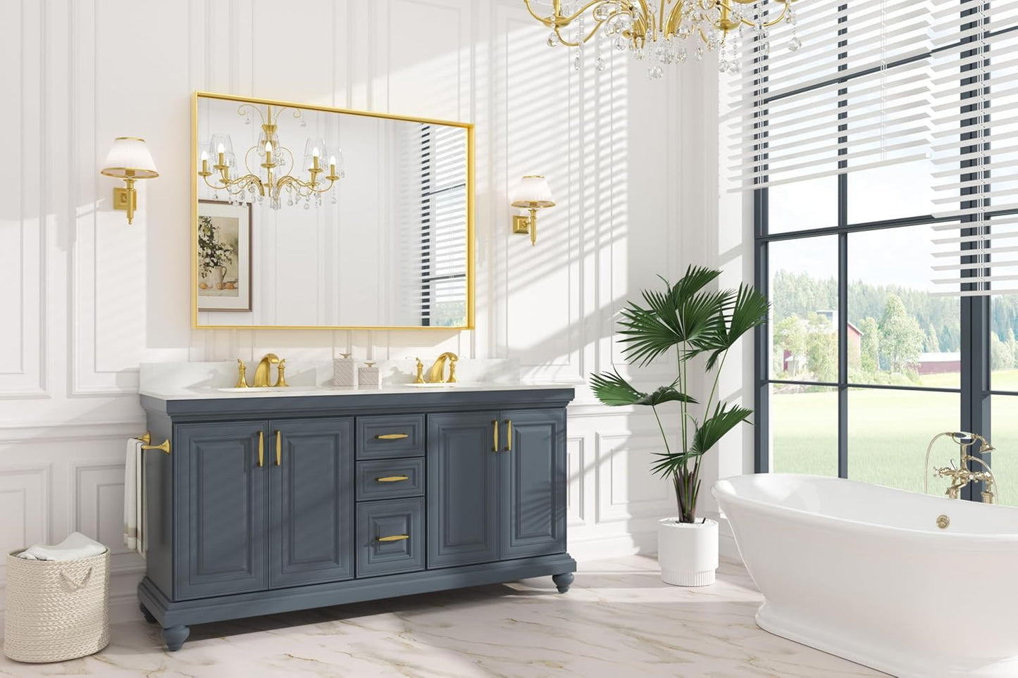 Keonjinn Gold Bathroom Mirror 48” x 36” Brushed Gold Metal Framed Mirror Rectangular Large Wall Mirror Square Corner Gold Vanity Mirror Oversized Rectangle Mirror for Over Sink(Horizontal/Vertical)