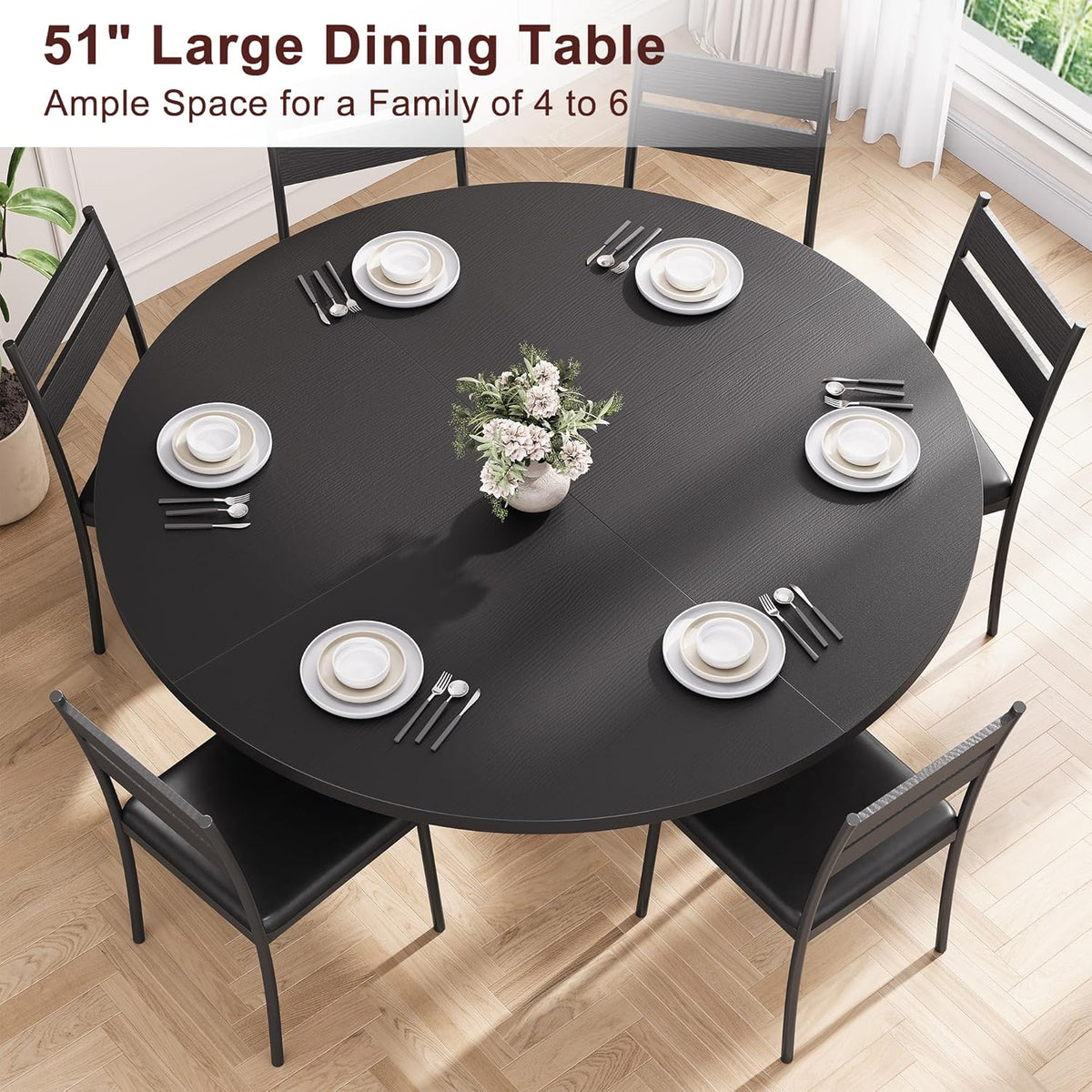 51'' Round Dining Table for 6,Kitchen Dining Room Circle Dinner Pedestal Table,Space Saving Wood Kitchen & Dining Room Furniture (Black, 51In)