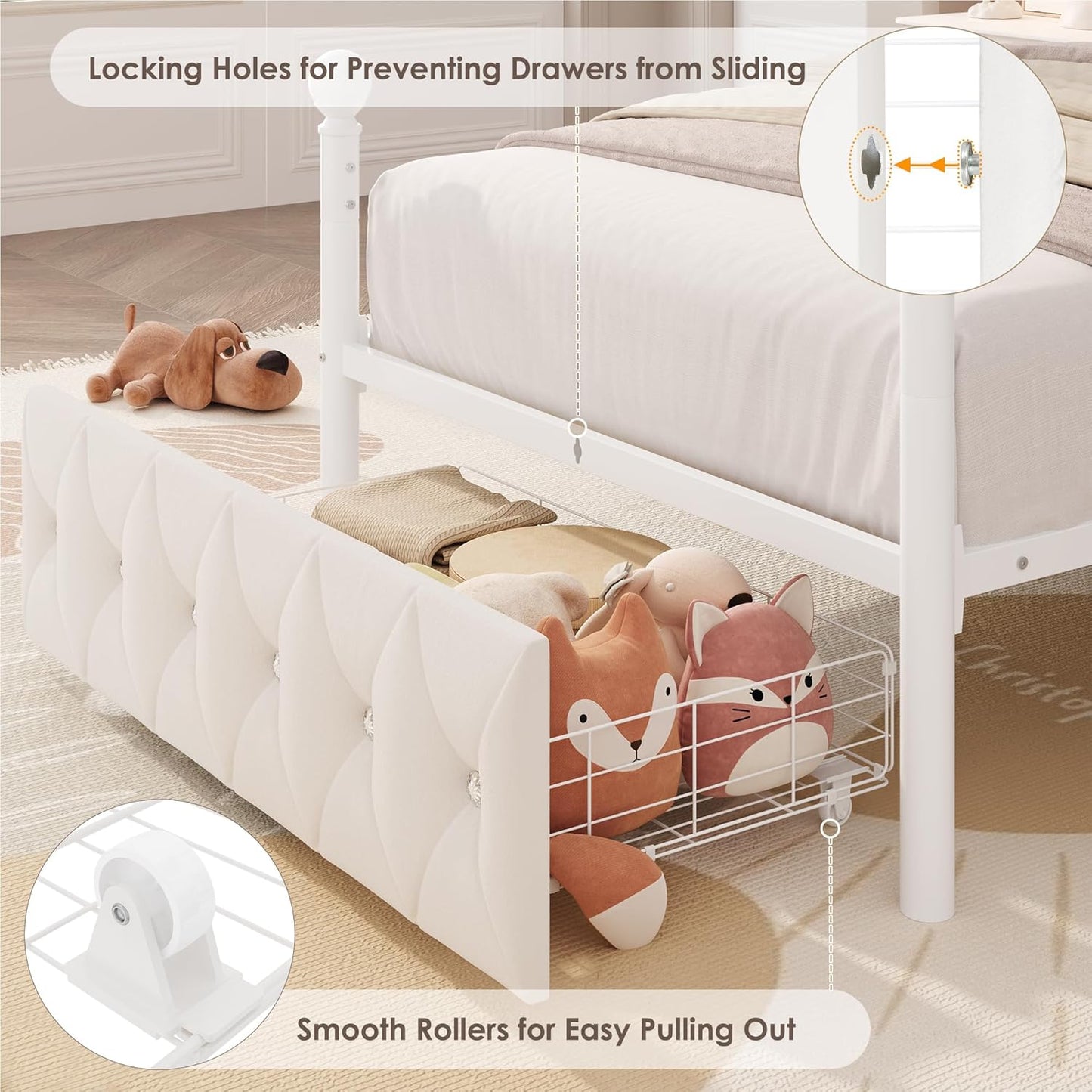Keyluv Twin Upholstered Canopy Bed Frame with Drawer & Crystal Tufted Storage Headboard Metal Platform Bed with Charging Station & 4 Removable Posts No Box Spring Needed Curtain Not Included, Beige