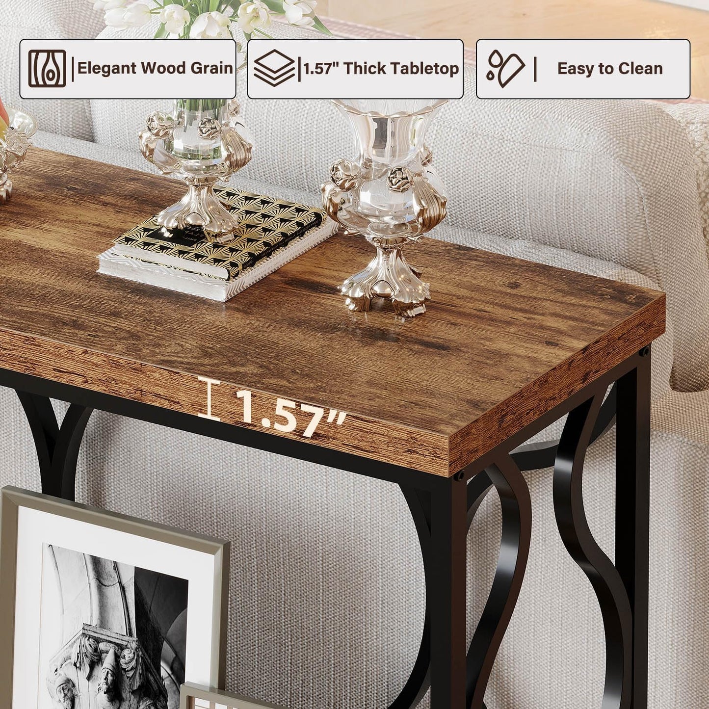IBF 39.4" Narrow Console Table, Farmhouse Entryway Table in Living Room Hallway Foyer Entrance, Industrial Wood Metal Sofa Table Entry way Behind Couch Tables with 2-Tier Storage Shelves, Rustic Brown