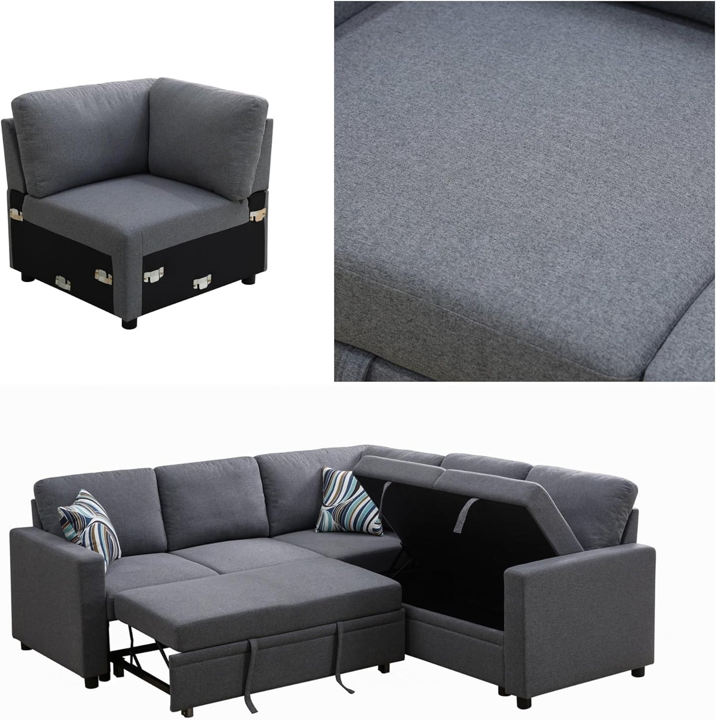 L Shaped Sectional Couch with Pull Out Bed, Convertible Sleeper Sofa Bed Couch with Storage, Modern Modular L Shaped Sofa for Living Room, Bedroom, Apartment, Grey
