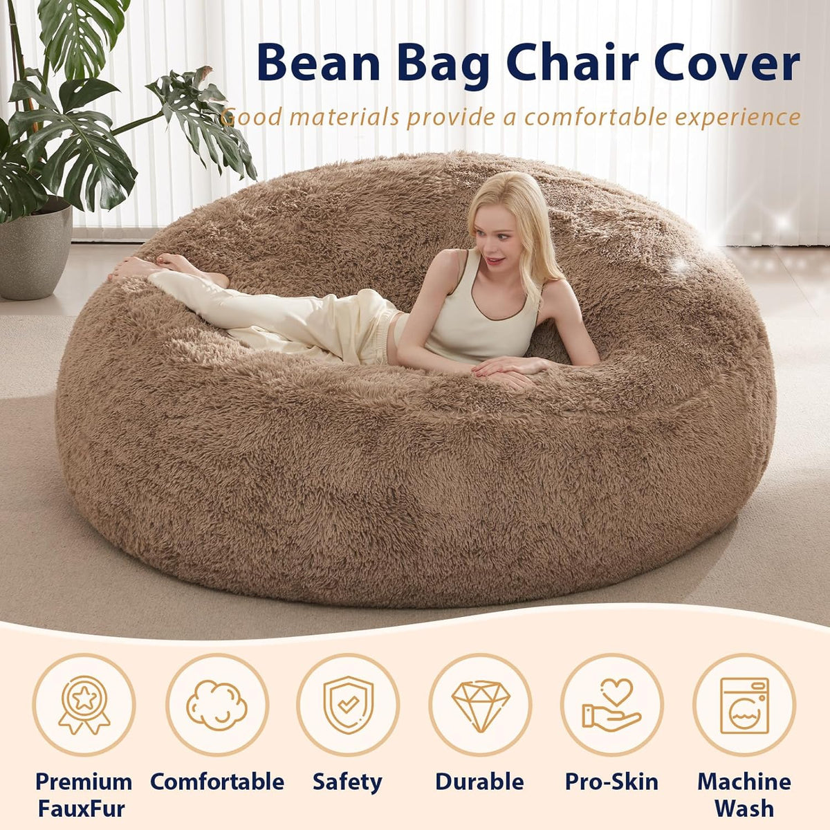Fluffy Bean Bag for Stuffed Animals Storage, Faux Fur Washable Bean Bag Chair Cover(No Filler) for Textile Plush Toys, Beanbag Chair Cover for Adults Kids Teens, 5FT, Khaki