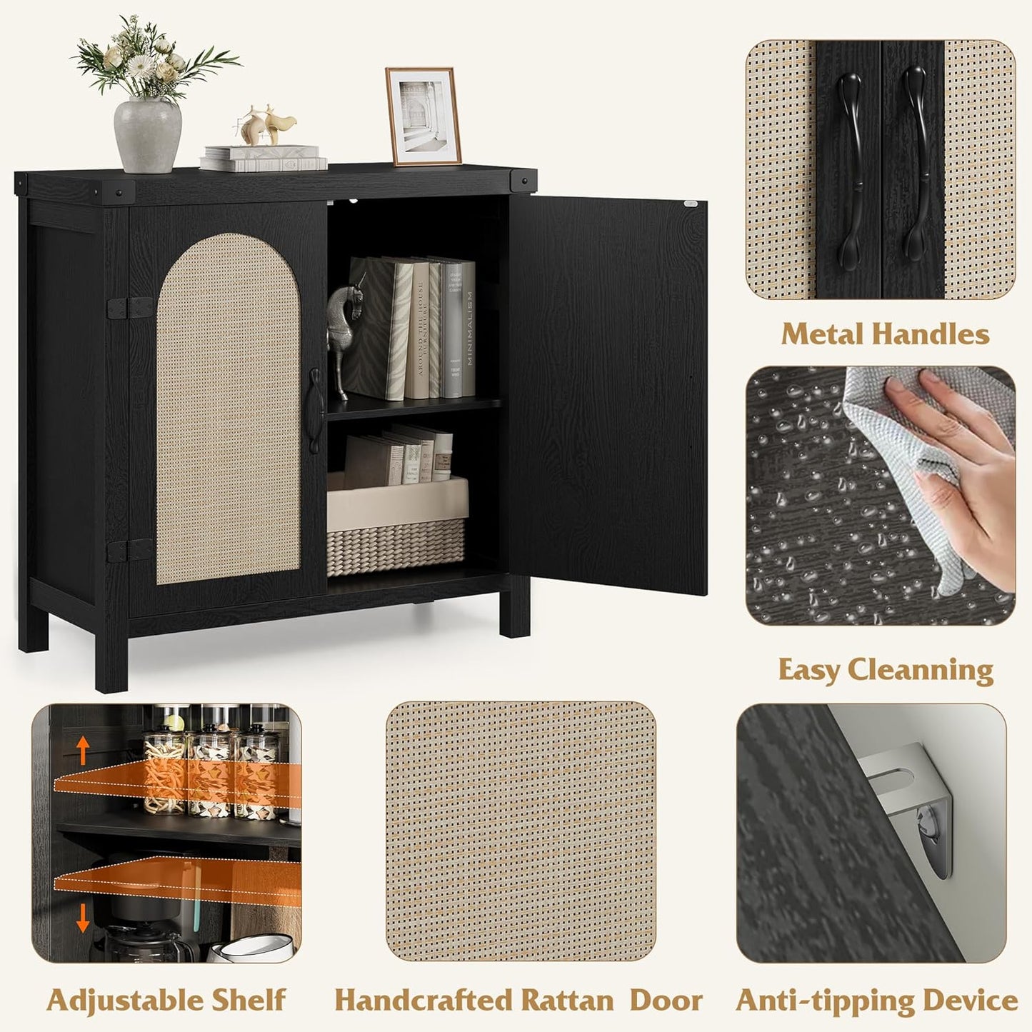 Garvee 31.5'' Small Rattan Buffet Cabinet with Storage, Kitchen Coffee Bar Cabinet with Doors, Boho Farmhouse Sideboard with Adjustable Shelves and Handle for Kitchen, Living Room, Black