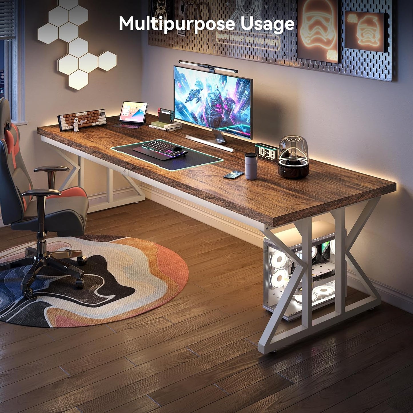 LITTLE TREE 78.7 Inch Large Executive Desk, Modern Computer Office Desk, Wooden Writing Desk Study Table for Home Office, Rustic Brown-White