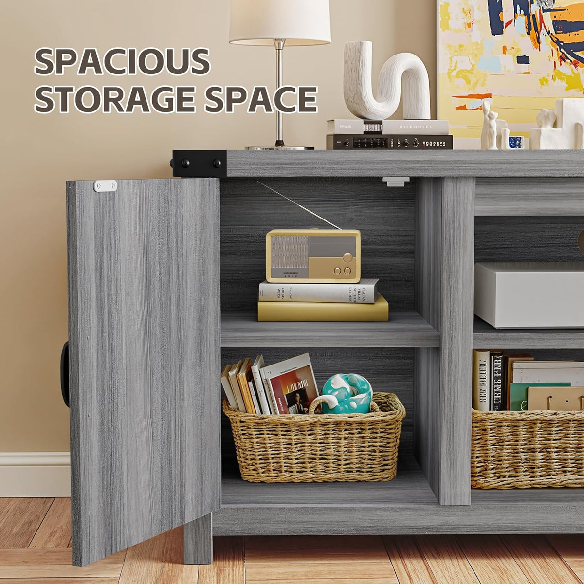 YESHOMY Modern Farmhouse TV Stand with Two Barn Doors and Storage Cabinets for Televisions up to 65+ Inch,Entertainment Center Console Table,Media Furniture for Living Room, Grey