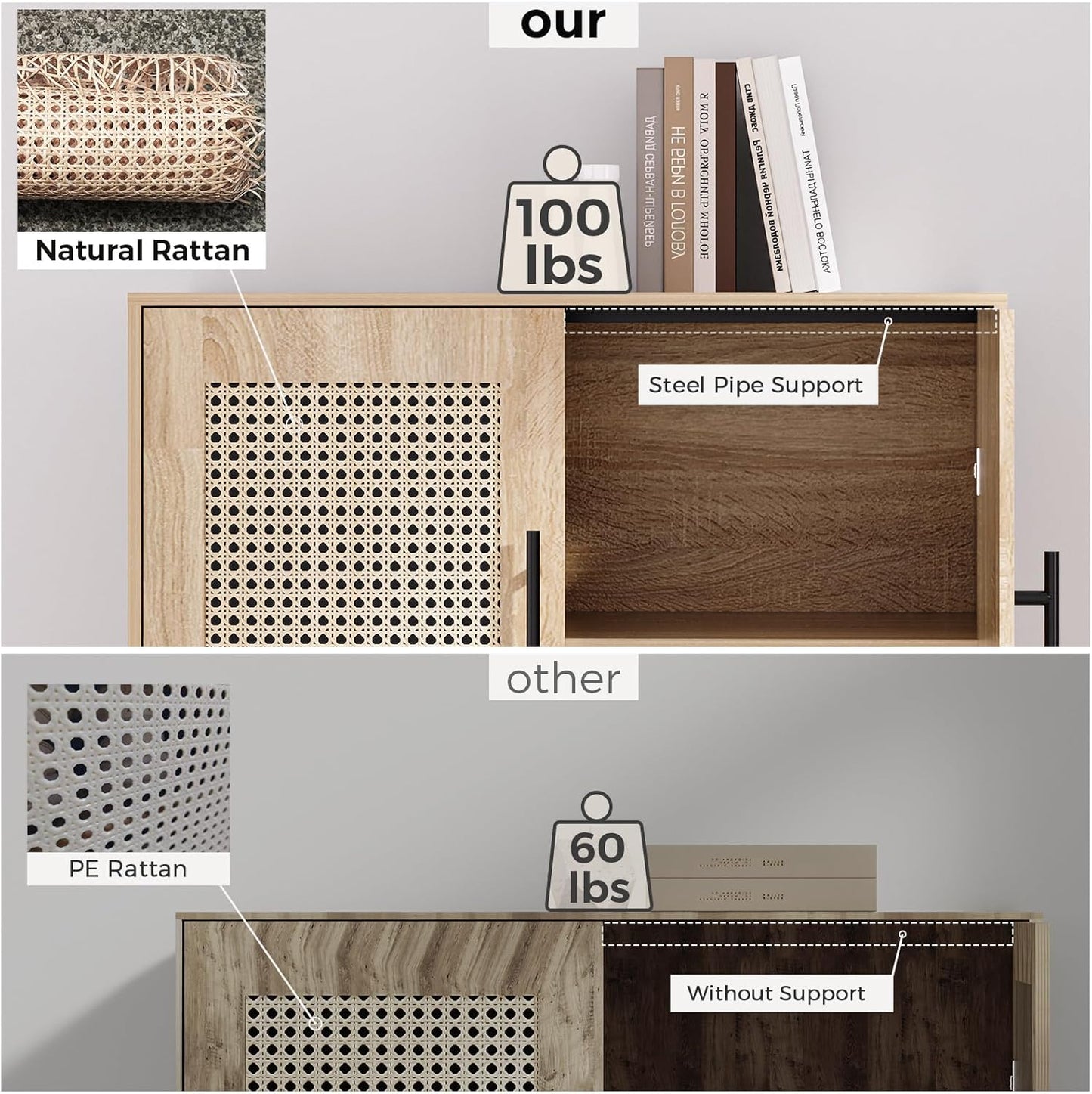 KFO Storage Cabinet with Handmade Natural Rattan Doors, Rattan Buffet Cabinet, Sideboard for Living Room, Hallway, Dining Room, Entryway