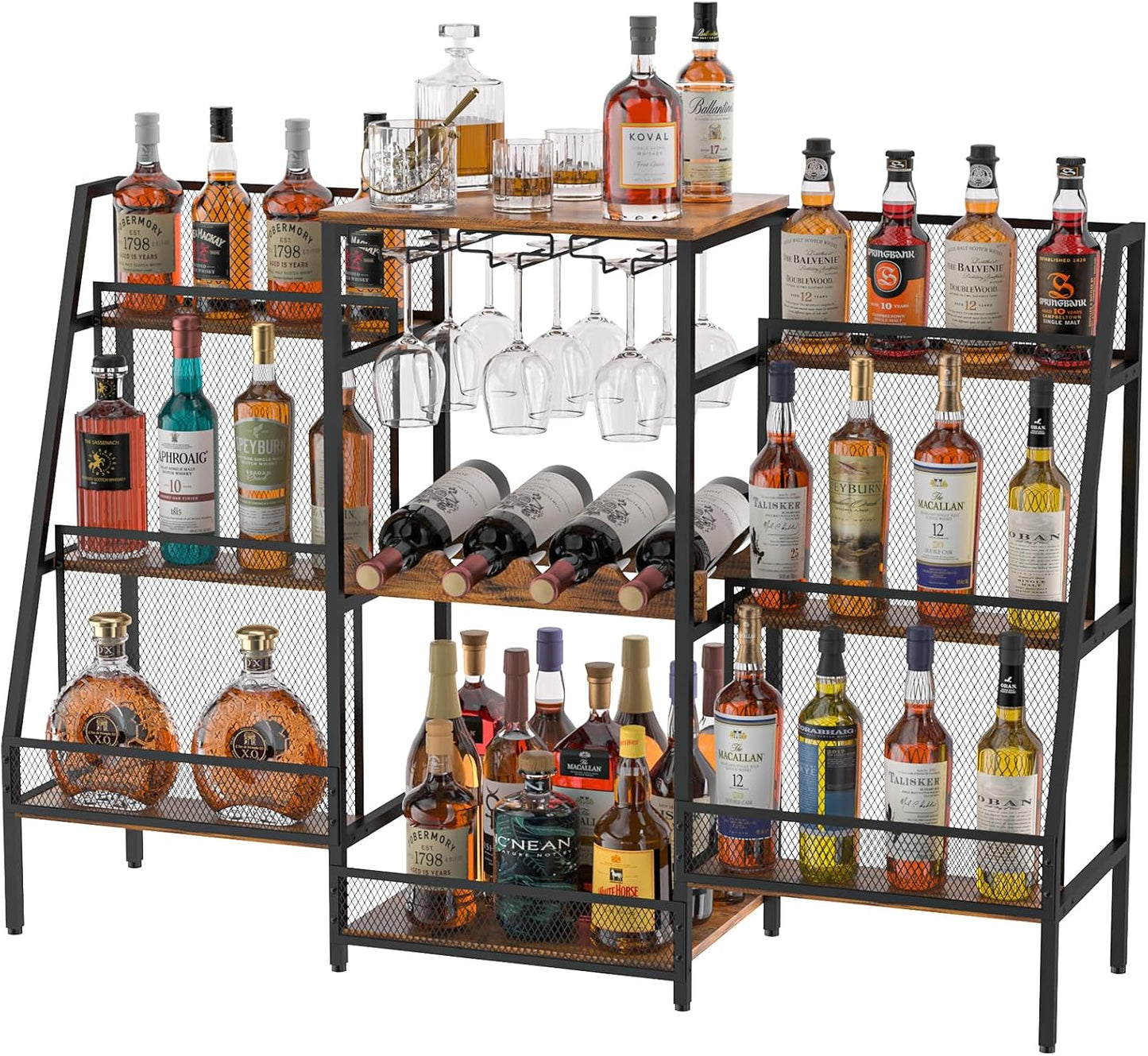 Versatile Bar Stand with Glass Holder, Wine Rack Freestanding Floor, Liquor Cabinet for Liquor Whiskey Wine, 6-Tier Stepped Bar Cabinet with Fences, Vintage Brown（Patent Pending）
