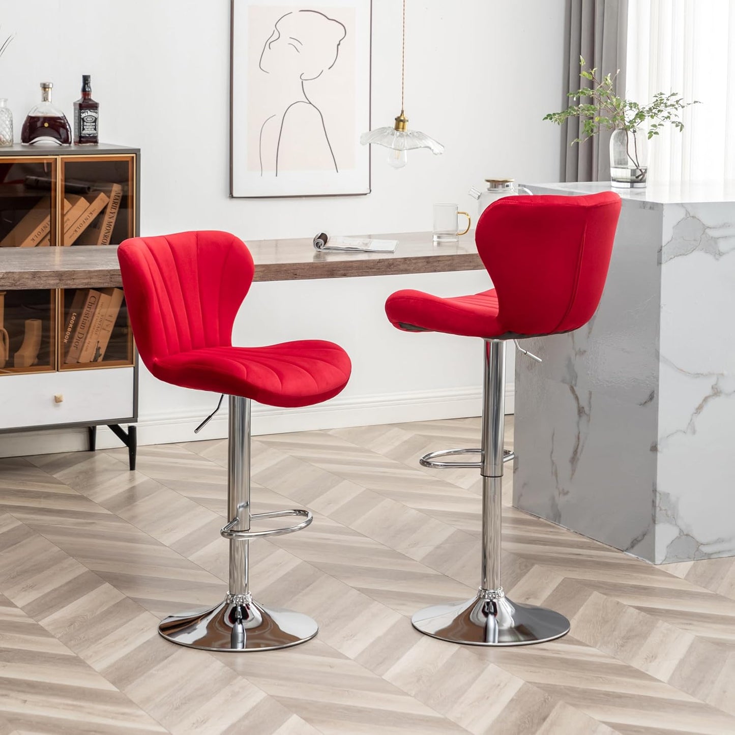 Roundhill Furniture Ellston Velvet Adjustable Swivel Barstools in Red, Set of 2