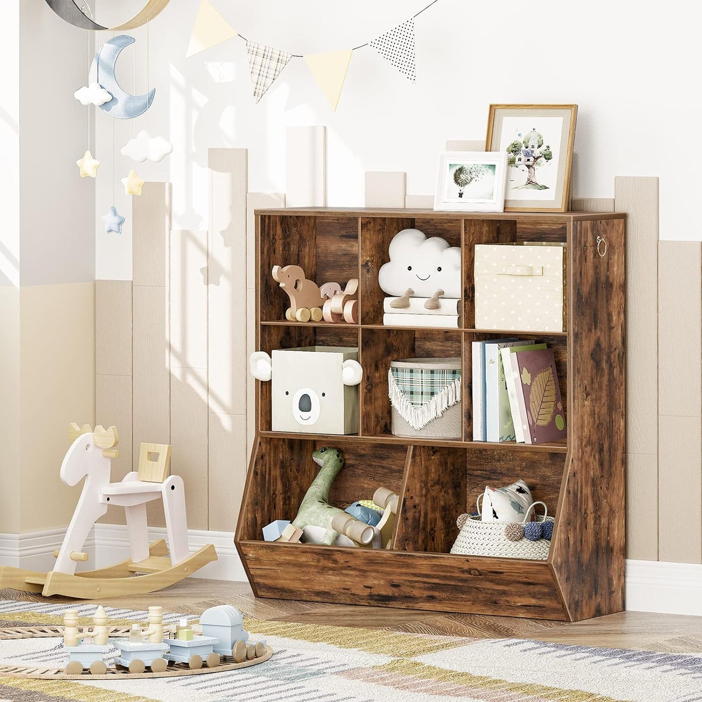 HOOBRO Kids Bookshelf, Toy Storage Cabinet, Kids Toy Organizer, 8 Cubicles, Bookcase Footboard, Bookshelf for Kids, for Playroom, Bedroom, Nursery, School, Rustic Brown FG35CW01G1