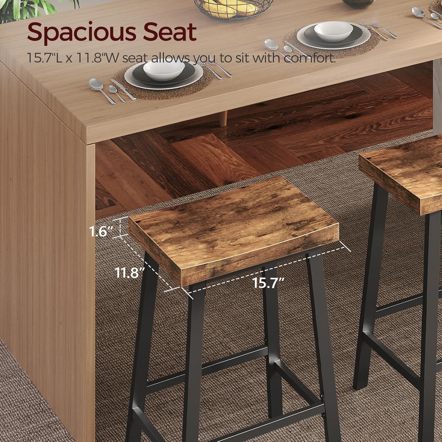 Bar Stools,Counter Height Bar Stools Set of 2, 23.7 Inch Saddle Stools with Footrest, Kitchen Stools, Industrial Style, for Dining Room, Counter, Bar, Rustic Brown and Black BAHR0801N1
