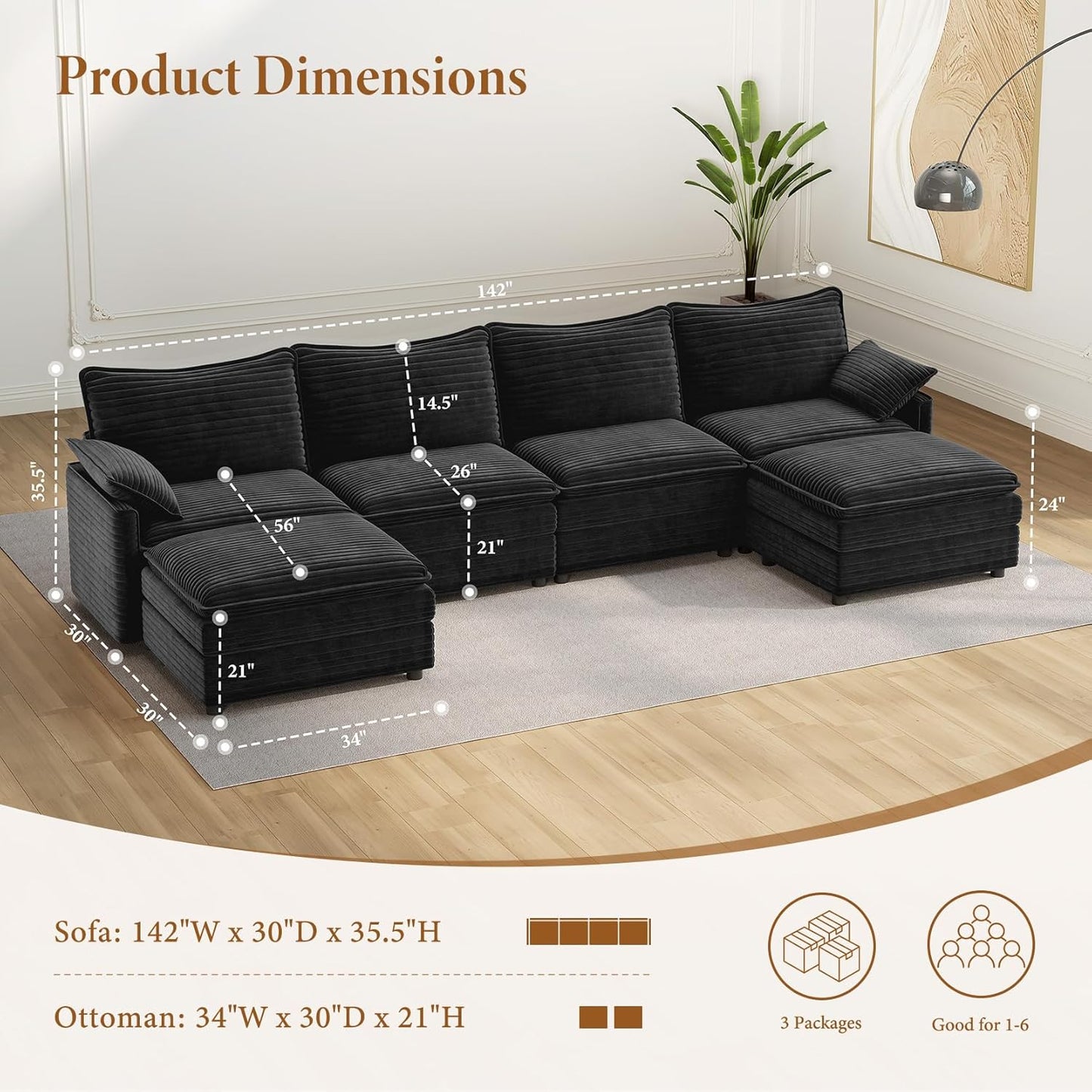 Vesgantti 142" U Shaped Sectional Couch, Comfy Cloud Modular Sectional Sofa with 2 Ottoman Deep Seat Corduroy Modern Cloud Sofa, Modular Sofas for Living Room, Bedroom and Apartment, Gray