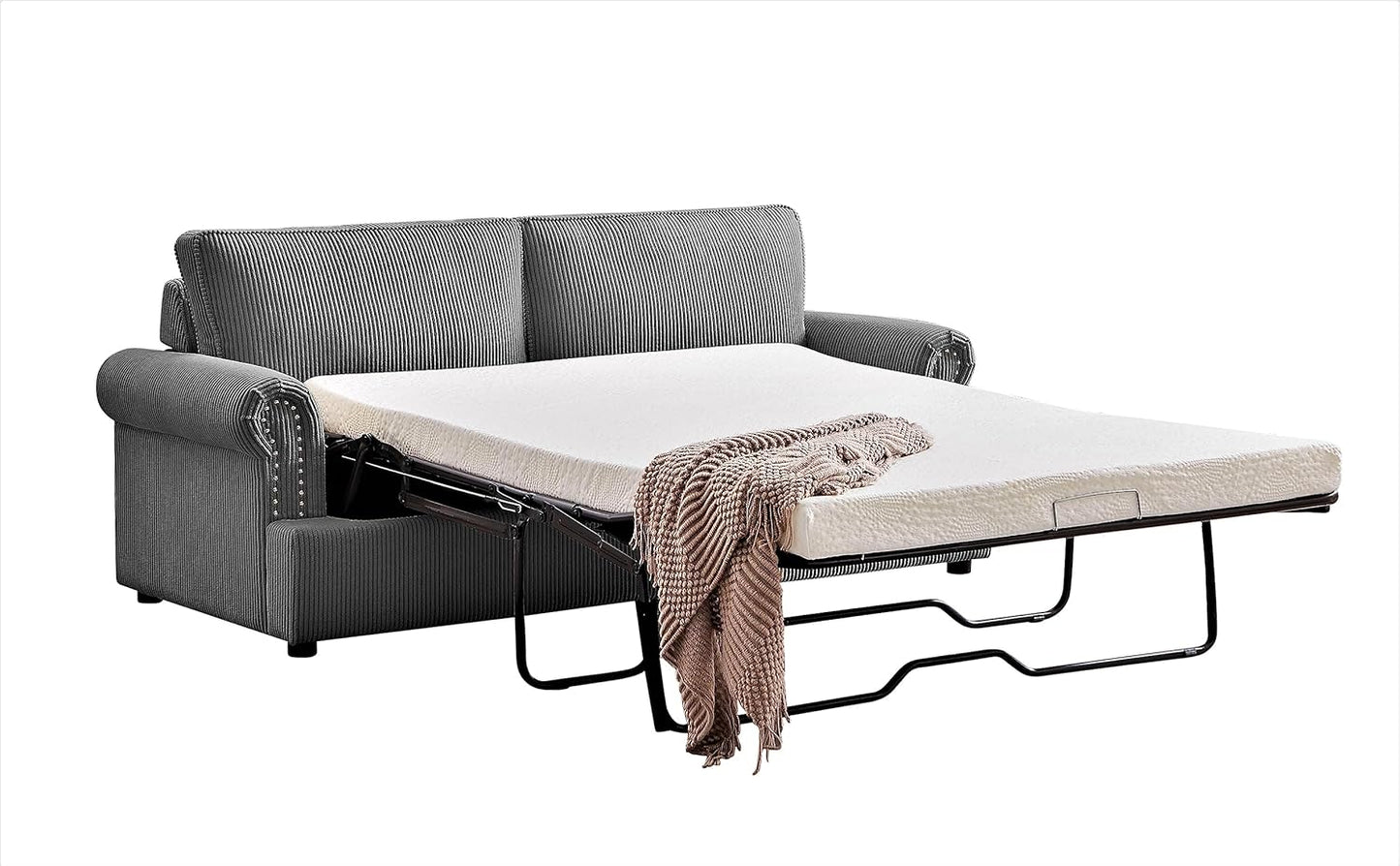 Reversible Sleeper Sofa Bed with Comfortable Memory Foam Mattress, Convertible Corduroy Full Size Pull Out Couch for Living Room, Space Saving Furniture, 72" Wide, Rounded Arms, Grey