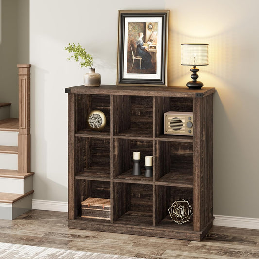 GarveeHome 9 Cube Storage Organizer Bookshelf, 4 Tier Farmhouse Horizontal Bookcase, 37.4 Inch Wood Storage Bookcase for Entryway, Long Low Bookshelves for Living Room-Black Oak
