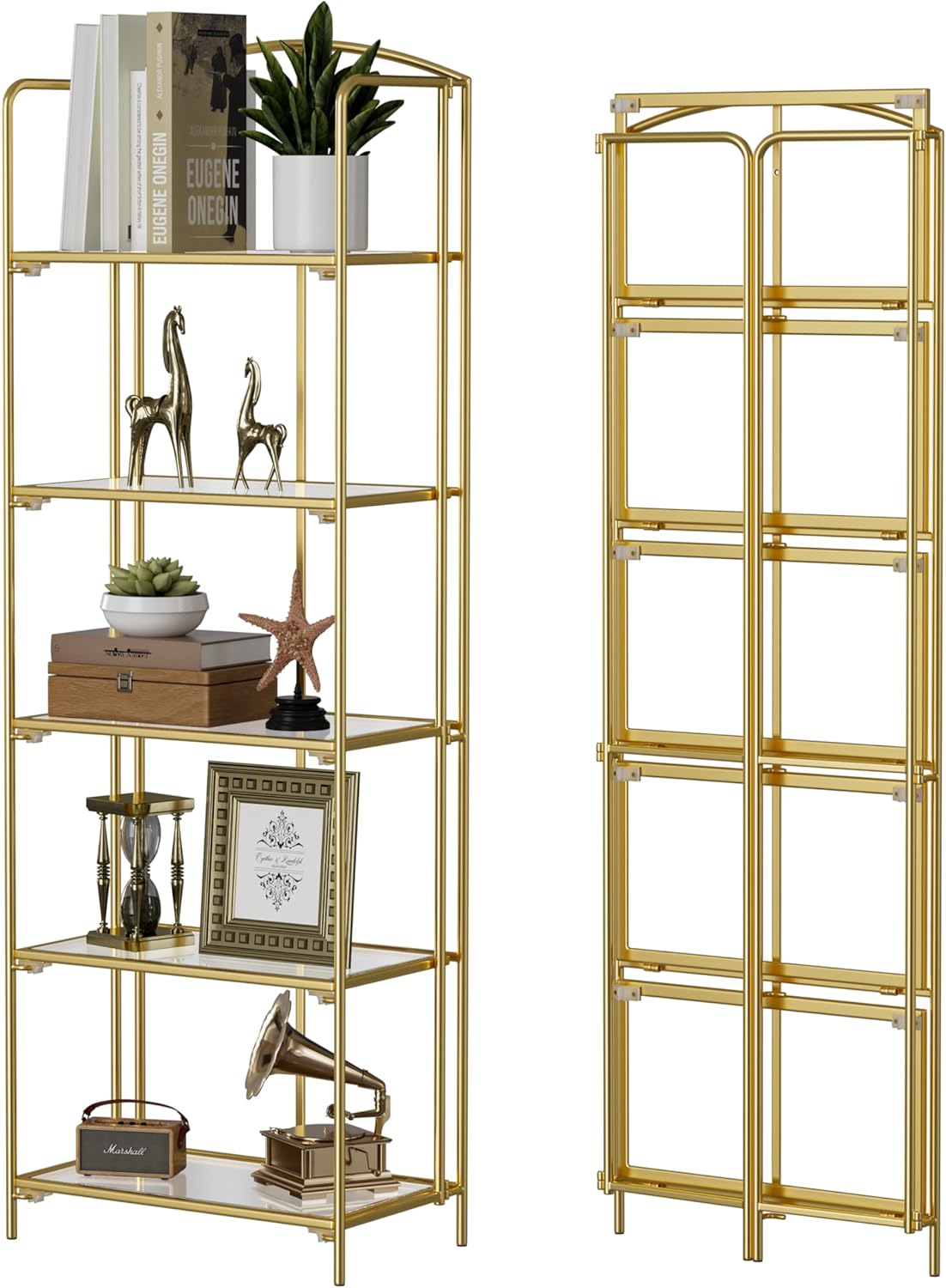 Crofy No Assembly Folding Bookshelf for Living Room, 5 Tier Gold Collapsible Book Shelf for Home Office, Portable Bookcase Storage Organizer