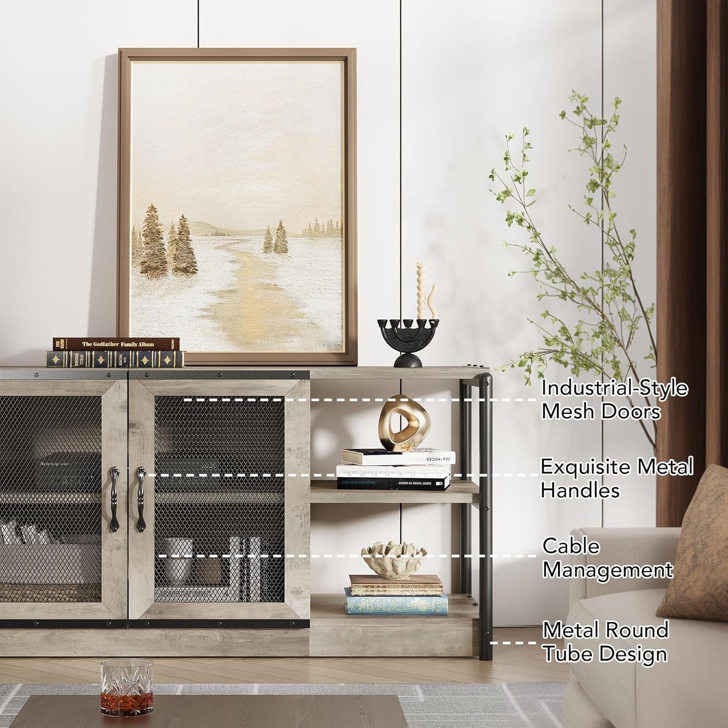 GarveeHome Farmhouse TV Stand for 65/75 Inch TVs, Entertainment Center with Storage Cabinet, 63'' Rustic TV Media Console Table, Furniture for Living Room, Grey