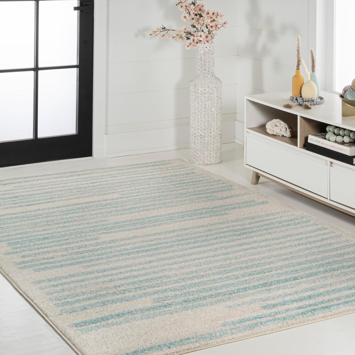 JONATHAN Y Khalil Modern Berber Stripe Cream/Turquoise Indoor Area Rug, 8x10, Contemporary, Bohemian, Easy-Cleaning for Living Room, Bedroom, Kitchen, Pet Friendly, Non-Shedding (MOH207B-8)