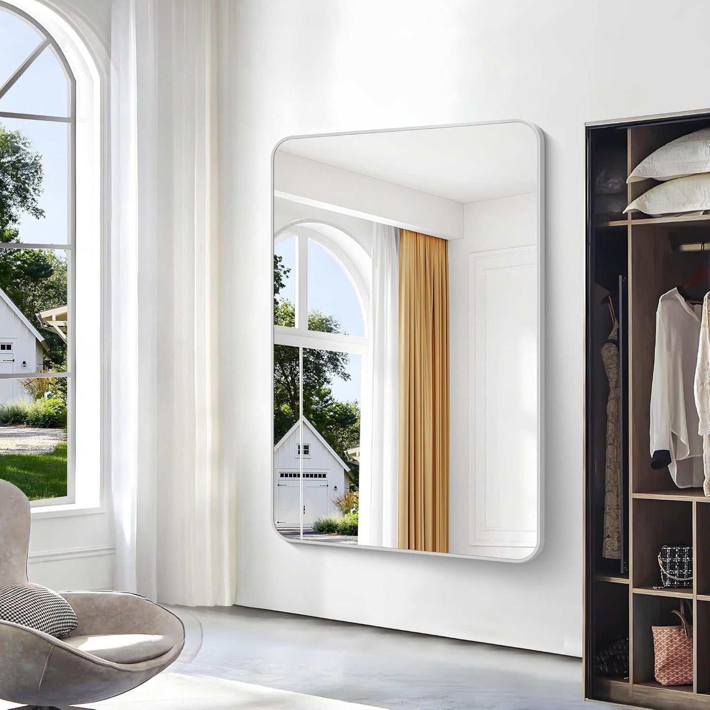 BONEWEI Silver Bathroom Mirror,60x40 inch Wall Mirror for Bathroom Wall Mounted,Rectangle Mirror for Bathroom Over Sink,Modern Frame Round Corner for Living Room,Bedroom Entryway,Horizontal/Vertical