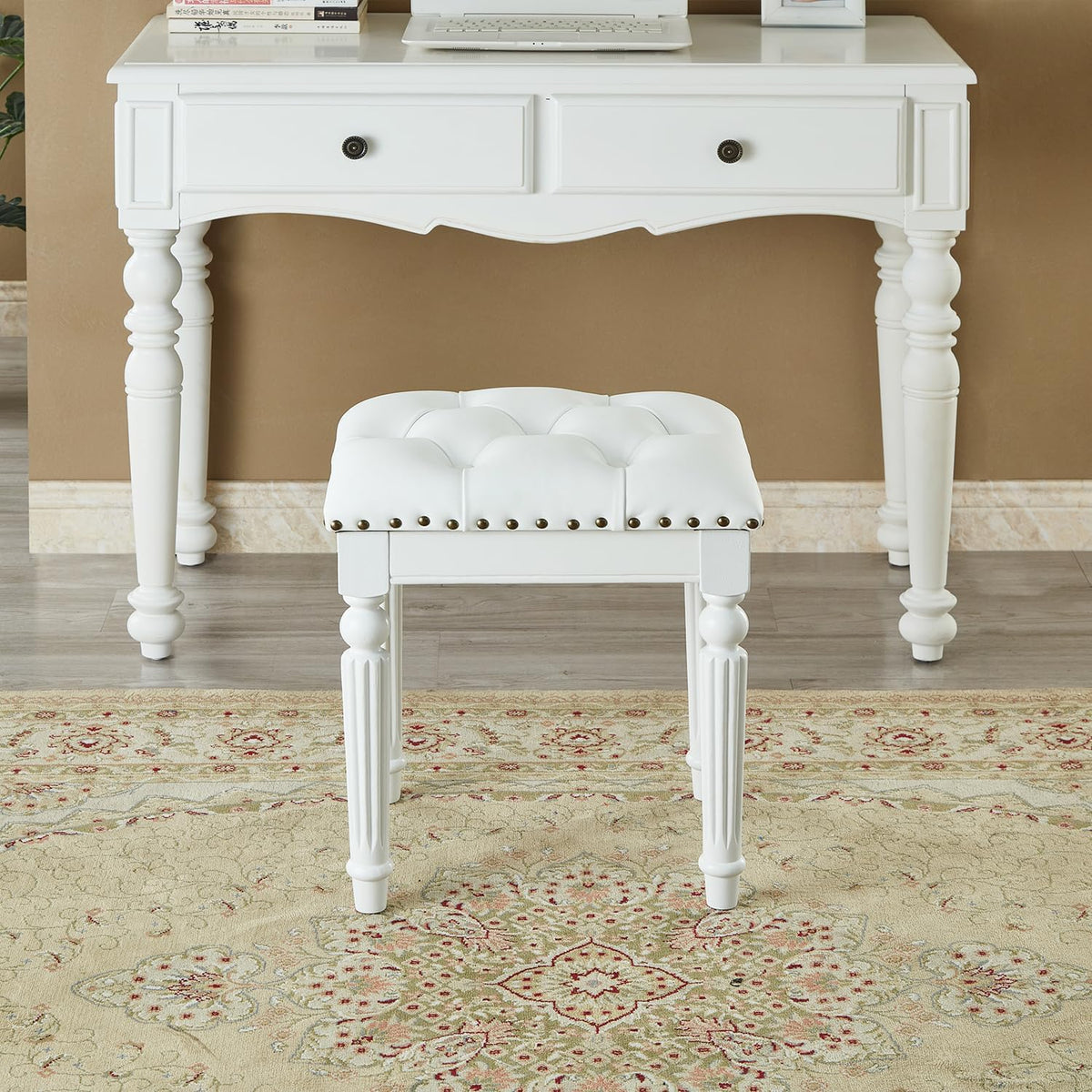 Vanity Bench Stool with Microfiber Leather Cushion, Vanity Chair Ottoman Dressing Stool with Solid Wood Legs for Bedroom, Makeup Room, Dressing Room (White)