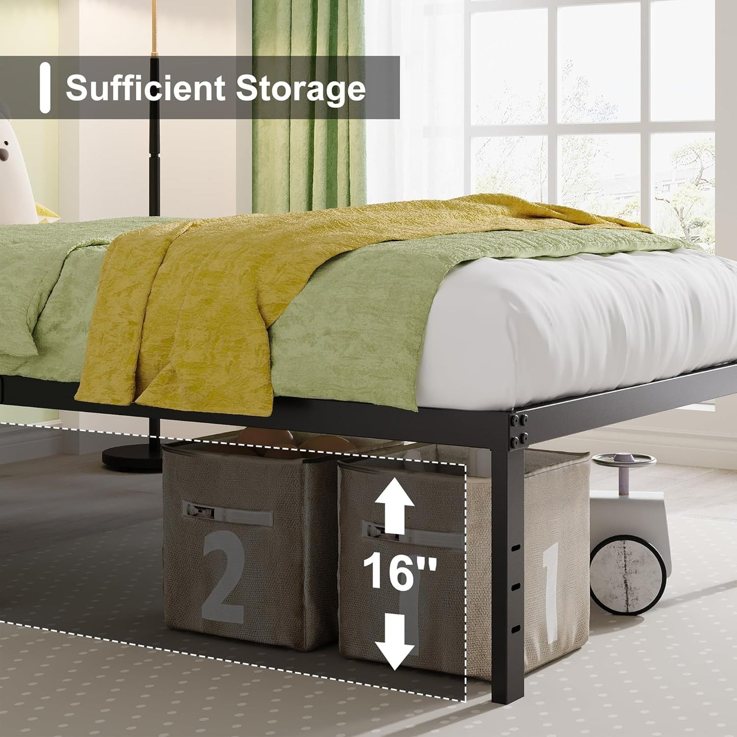 EMODA 18 Inch California King Bed Frames Heavy Duty Tall Metal Cal King Platform with Large Storage Space, No Box Spring Needed, Noise Free, Black