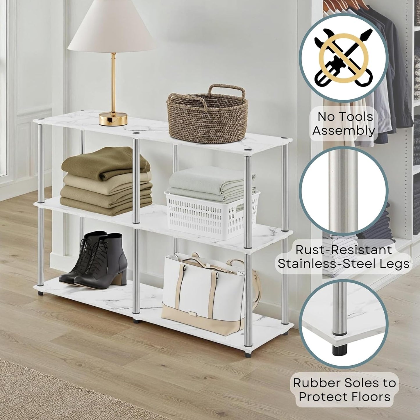 Convenience Concepts Designs2Go No Tools 3 Tier Wide Console Table 42" - Modern Accent with Shelves for TV Media Center, Office Desk Extension, Entryway Display, & Home Storage, White Faux Marble