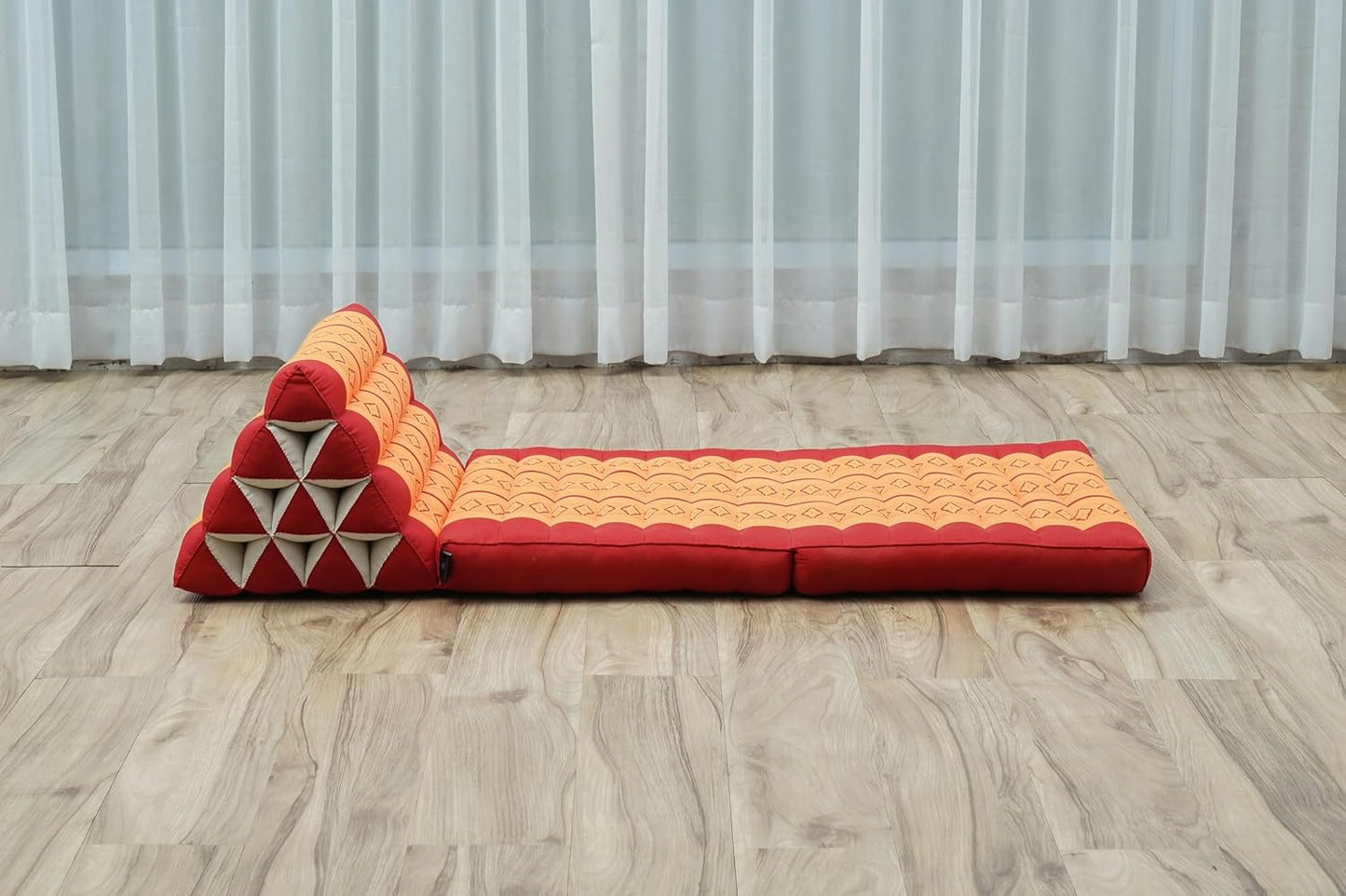 LEEWADEE 2-Fold Mat with Triangle Cushion – Comfortable TV Pillow, Foldable Mattress with Cushion Made of Eco-Friendly Kapok, 45 x 20 inches, Orange red
