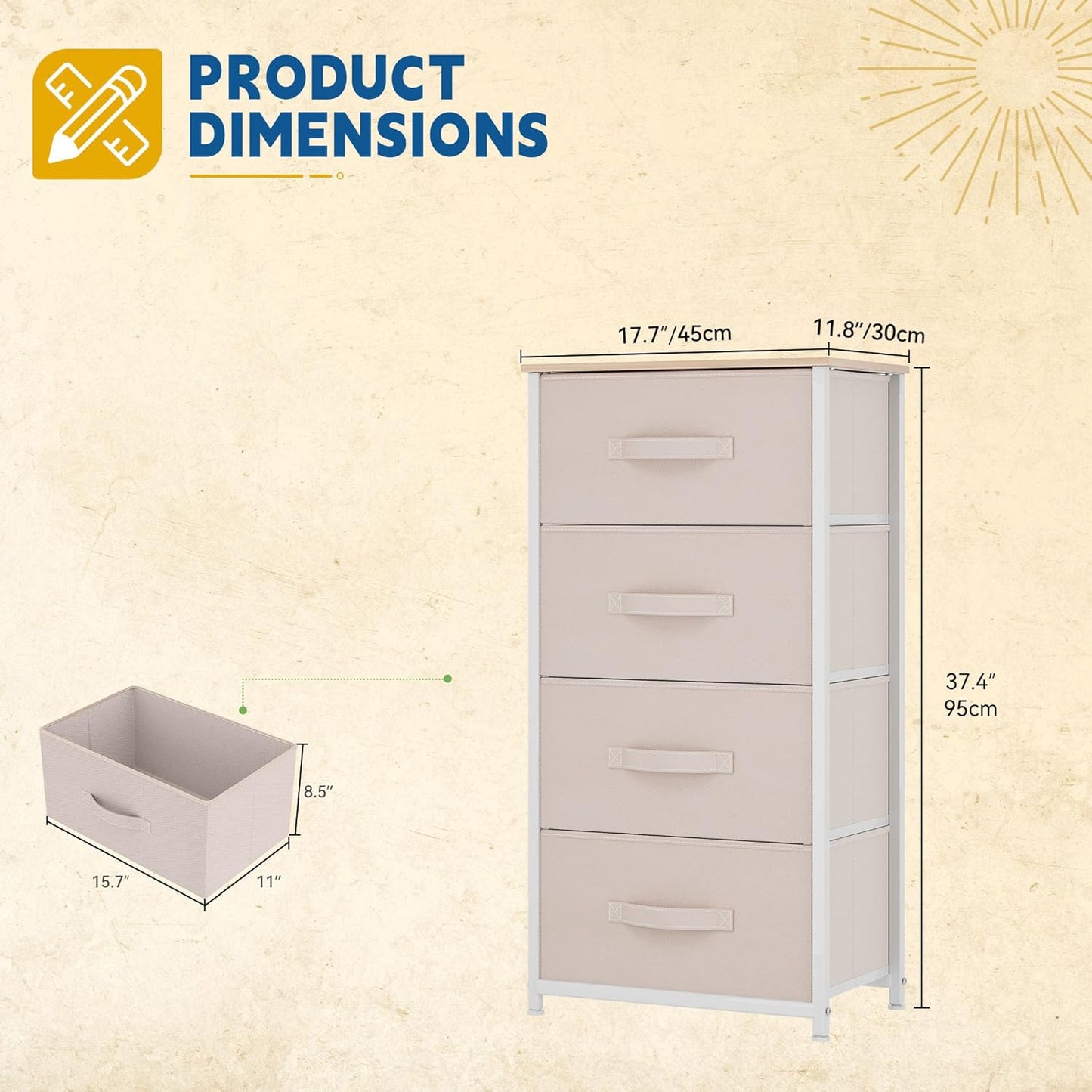 DWVO Storage Tower with 4 Drawers - Fabric Dresser, Organizer Unit for Bedroom, Living Room, Closets - Sturdy Steel Frame, Easy Pull Fabric Bins & Wooden Top (Cream White)