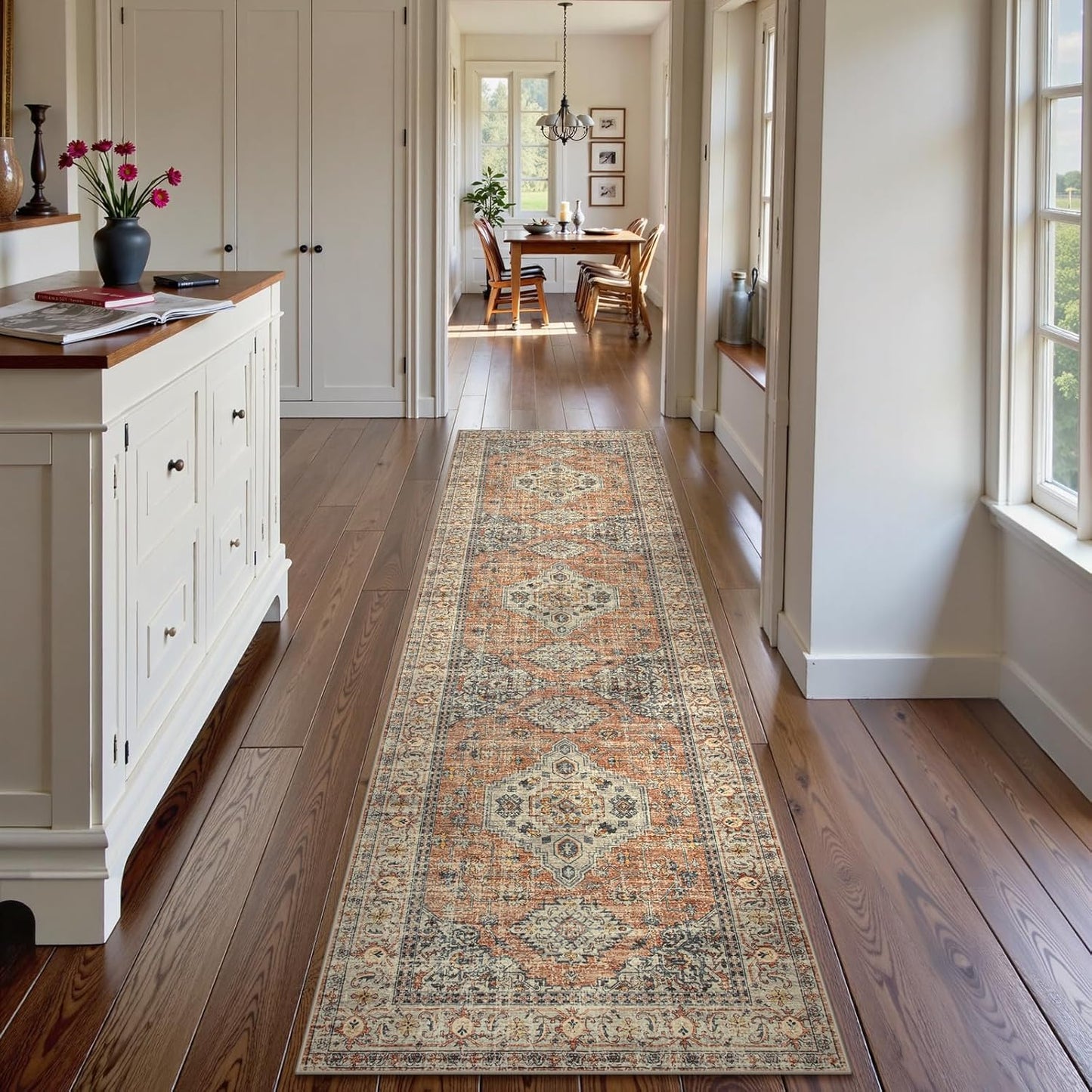 Lahome Oriental Washable Kitchen Runner Rug Non Slip, 2x8 Runners for Hallways with Rubber Backing, Vintage Soft Long Carpet for Bathroom Laundry Bedroom, Peach/Orange