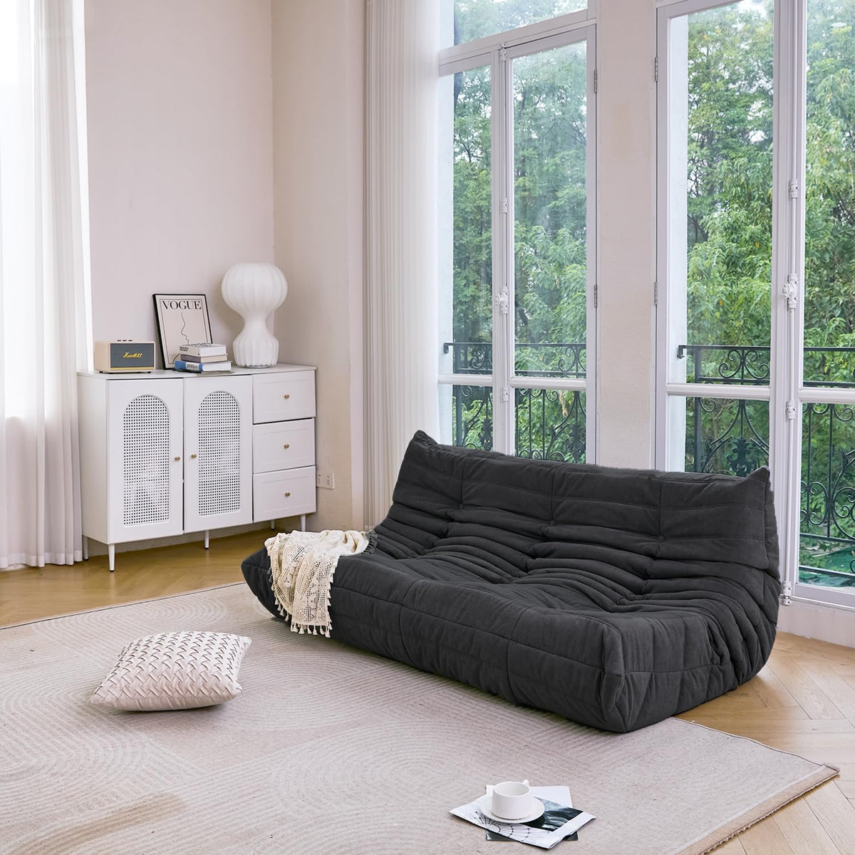 N&V Fireside Chair, Mid Century Armless Floor Sofa, Soft Premium Microfiber Floor Lounge Chair, Foam Sofa Accent Chair for Living Room Bedroom and Office (Black, Three Seater)