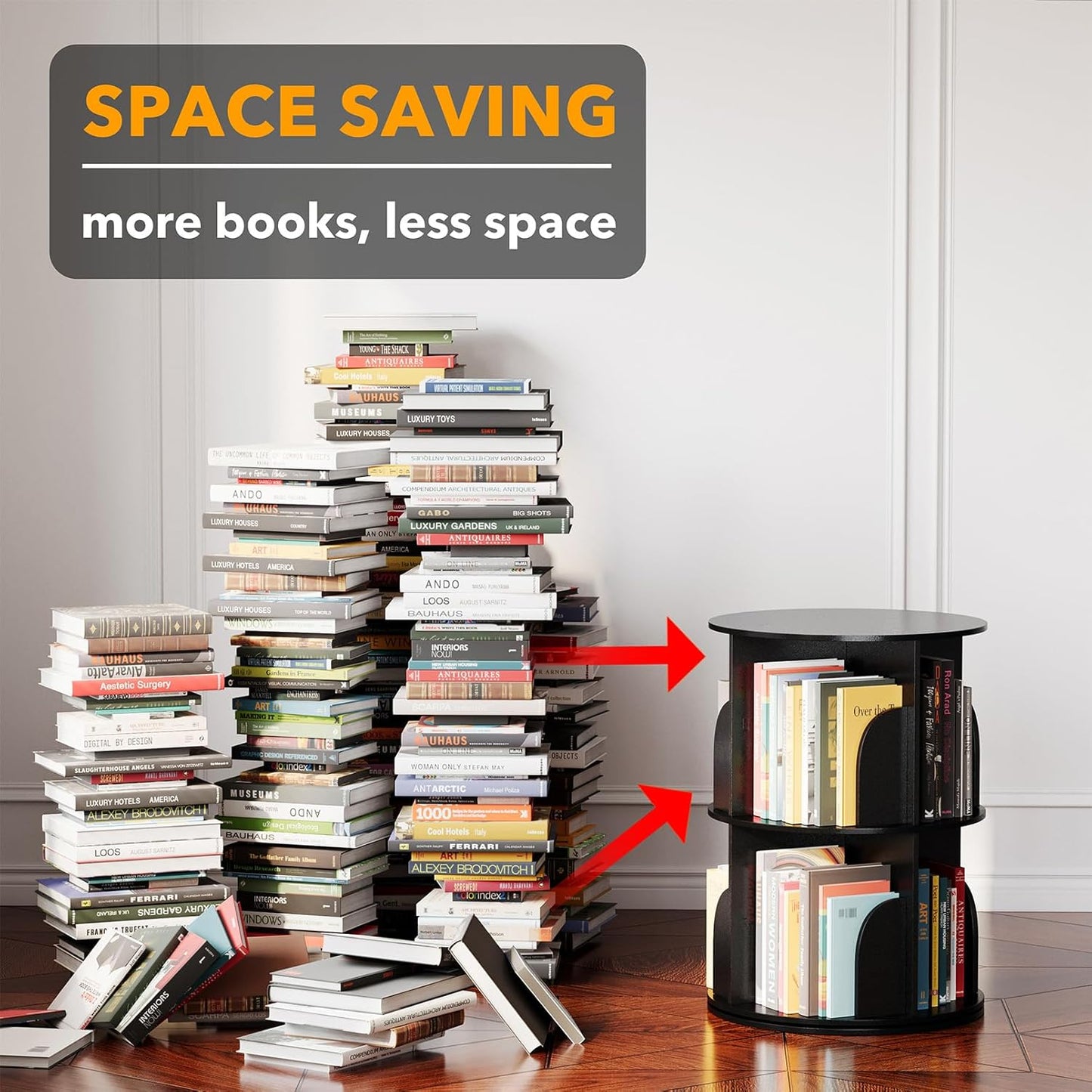 SpaceAid 2 Tier Rotating Bookshelf Tower, Spinning Bookcase Lazy Susan, Revolving 360 Book Shelf Storage Round Carousel, Vertical Rotate Turning Spiral Corner Organizer, Black